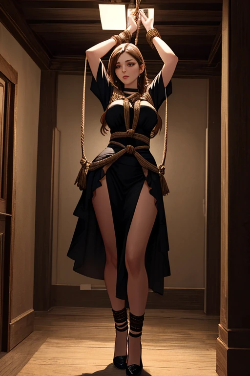 (Ultra Realistic), (Illustration), (Increased Resolution), (8K), (Extremely Detailed), (Best Illustration), (Beautiful and Detailed Eyes), (Best Quality), (Ultra Detailed), ( Masterpiece ), ( wallpaper), (detailed face), solo, 1 girl, looking at viewer, fine details, detailed face, in the dark, deep shadows, low key, pureerosfaceace_v1, smiling, long hair, black shawl straight hair , 46 points oblique bangs, (NSFW),(((Wearing the torn sheer costume of the superheroine))),(((No panties, no bra))), wet crotch, wet thighs, Beautiful girl with slender abs emphasized: 1.4, ((The tip is protruding, the areola is protruding, the shape of the pubic area is clearly visible)) ), Six Pack Abs: 1.4, Bust Botox, Big, Perfect Body, Photography, Sharpness, Unique 850 4, Koda850 K Portrait Camera, F1.6 Lens, Ultra-Realistic Textures, Magnificent Light Textures, Cinestil 800 Fashion Mechanism, (Futuristic Sci-Fi Battle Fashion, Elbow and Knee Cyberpad, Cyber Long Boots, Cyberglove: 1.1), ((Shibari)), ((arms behind the back)), (Completely bound with chains)))), restraints, slaves, collars, contempt, (((tears flow, pain, cry with pain)), sweating, ((wide prison with sunlight)))), dark fantasy, peeling ceilings, broken slabs, rebar between cracks, realistic material details, extreme details, Ultra-realistic material, broken walls, (((Torn costume))), wet, cloudy, ((ropes made of chains digging into the crotch, hands tied behind the back, invisible hands)), (no pan no bra))), costume torn to shreds, broken golden shield and combat spear lying around, long combat boots with white knee pads, white long gloves, combat shoulder armor, junkyard, raining blood, guro, blood on face, blood splatter, realistic, (bruises, dirty, ripped clothes, revealing clothes, blood: 1.3), brown hair, long hair, torn cape, torn pantyhose,顔と全身に光が当たっている