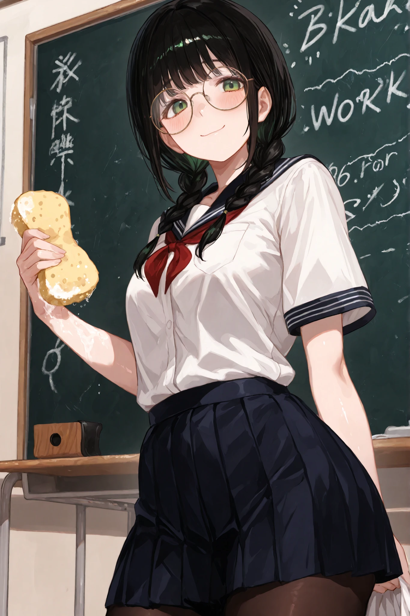 a high-quality digital drawing, clean and sharp details, score_9, masterpiece, ((anatomically correct)), ((vibrant colors)), 1girl, ((8k)), ((jimiko)), ((intense details)), (((safe for work))),
break,
((beautiful round face)), ((fair skin)), ((detailed and vibrant green eyes)), ((tareme)), naturally curved eyelashes, ((natural beauty and charm)), ((thick round fogged glasses)),
break,
((long black hair)), ((braided pigtails)), soft bangs,
break,
((japanese high school summer uniform)), ((black tights)), ((chest 32 inches)), ((waist 26 inches)), ((hips 32 inches)),
break,
((from the side)), (((cleaning blackboard with sponge))), ((kind smile)), ((light blush)), ((detailed japanese school classroom))