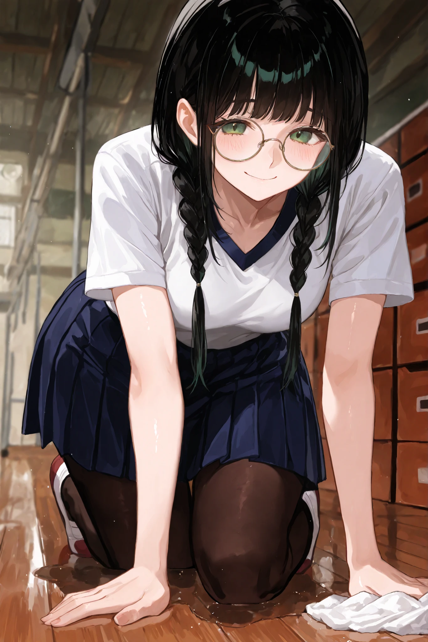 a high-quality digital drawing, clean and sharp details, score_9, masterpiece, ((anatomically correct)), ((vibrant colors)), 1girl, ((8k)), ((jimiko)), ((intense details)), (((safe for work))),
break,
((beautiful round face)), ((fair skin)), ((detailed and vibrant green eyes)), ((tareme)), naturally curved eyelashes, ((natural beauty and charm)), ((thick round fogged glasses)),
break,
((long black hair)), ((braided pigtails)), soft bangs,
break,
((japanese high school summer uniform)), ((blue pleated skirt)), ((black tights)), ((chest 32 inches)), ((waist 26 inches)), ((hips 32 inches)),
break,
((from the side)), ((leaning forward)), (((cleaning the floor))), ((kind smile)), ((light blush)), ((detailed japanese school gym))