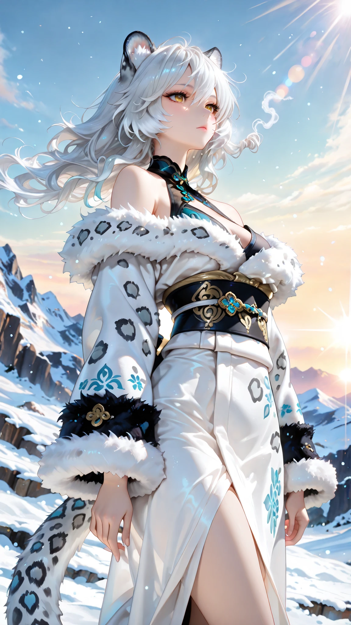 1girl, (snow leopard girl:1.3), kemonomimi, detailed white hair, (fluffy animal ears:1.2), (sharp golden eyes:1.3), athletic build, graceful pose, flowing white kimono with blue patterns, (fur-trimmed sleeves:1.3), bare shoulders, intricate silver jewelry, standing on snowy cliff, (wind-blown hair:1.2), dramatic lighting, morning sunlight, glowing rim light, volumetric light rays, mountain peaks background, (swirling mist:1.2), crystalline snow particles, ethereal atmosphere, depth of field, cinematic composition, ((low angle view)), beautiful detailed sky, silver gradient hair, perfect face, (detailed elegant eyes:1.3), (long eyelashes:1.2), beautiful detailed eyes, (masterpiece:1.3), best quality, highres, extremely detailed CG unity, 8k wallpaper, soft lighting, official art, studio ghibli style, hayao miyazaki, detailed clothing folds, particles, lens flare, (masterpiece), (best quality), (detailed), finely detail, depth of field, extremely detailed, amazing, finely detail