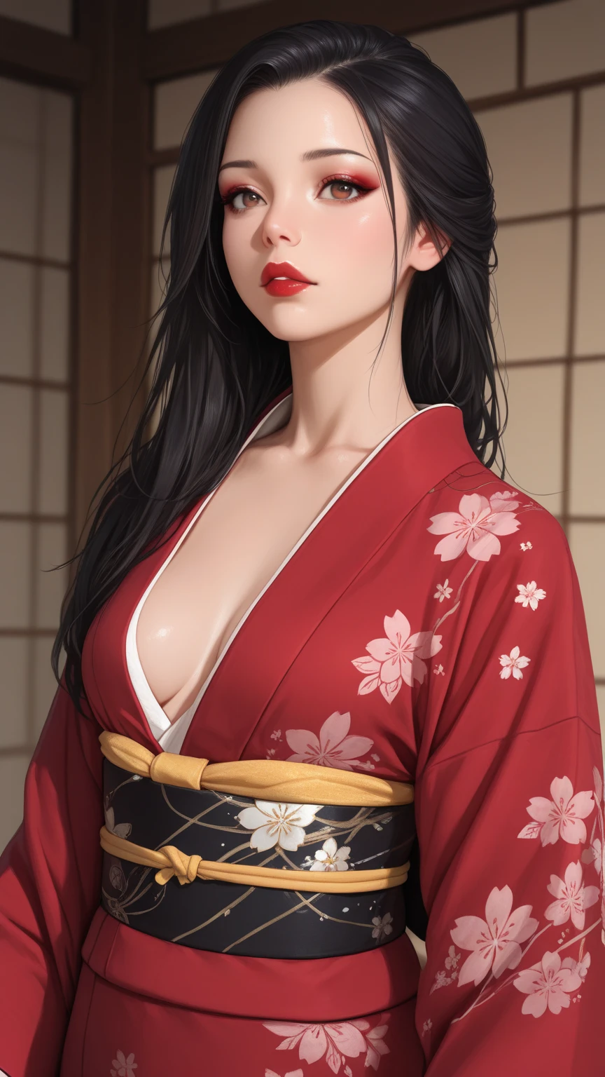 Actress Pose、True Face、From the knee up、(Dark silver hair)、Long Hair、Sex Appeal、Shiny、Japanese、The beauty of kimono、Japanese military commander、Warrior、Simple、Sharp Eyes、height: 180cm、Deep red lipstick、50 years old、成熟したwoman、An illustration、slim and muscular、woman、Threatening、dignity、aura、Updo、ponytail、I can see your thighs、Shoulder skin is visible、dark silver hair、Gorgeous floral patterned kimono、Studio Lighting、Large Breasts、Fancy hair accessories、Flower kanzashi、Brightly colored kimono、Looking at this、Confident expression、A lovely yellow-green floral patterned kimono