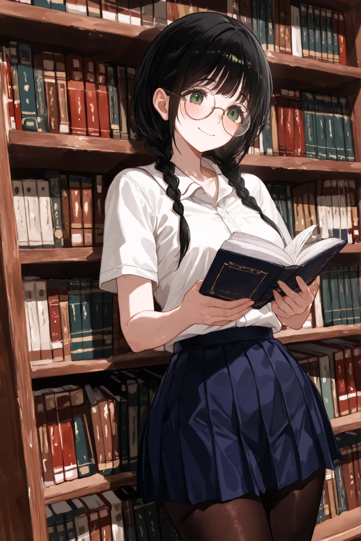 a high-quality digital drawing, clean and sharp details, score_9, masterpiece, ((anatomically correct)), ((vibrant colors)), 1girl, ((8k)), ((jimiko)), ((intense details)), (((safe for work))),
break,
((beautiful round face)), ((fair skin)), ((detailed and vibrant green eyes)), ((tareme)), naturally curved eyelashes, ((natural beauty and charm)), ((thick round fogged glasses)),
break,
((long black hair)), ((braided pigtails)), soft bangs,
break,
((japanese high school summer uniform)), ((blue pleated skirt)), ((black tights)), ((chest 32 inches)), ((waist 26 inches)), ((hips 32 inches)),
break,
((from the side)), (((putting book on book shelf))), ((kind smile)), ((light blush)), ((japanese school library))