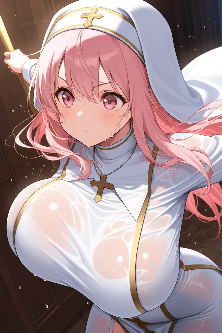 nsfw, 1 girl, game CG, topless white clothes, cleavage visible, shoulders visible, short white skirt, small white beret, jewel pendant, gigantic breasts, pink hair, long hair, straight hair, princess hairstyle, ahoge, pink eyes, 1boy, paizuri, fellatio, breast squeeze,penis,