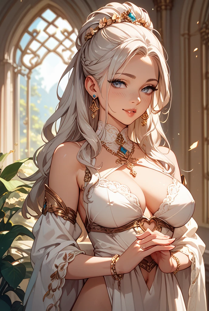 A beautiful woman with long white wavy hair, grey eyes, wearing an ornate designer saree, extremely detailed hair, extremely detailed eyes, extremely detailed body, (best quality,4k,8k,highres,masterpiece:1.2),ultra-detailed,(realistic,photorealistic,photo-realistic:1.37),detailed long drop dangle earrings, saggy breasts, elegant, intricate, cinematic lighting, necklace, bangles