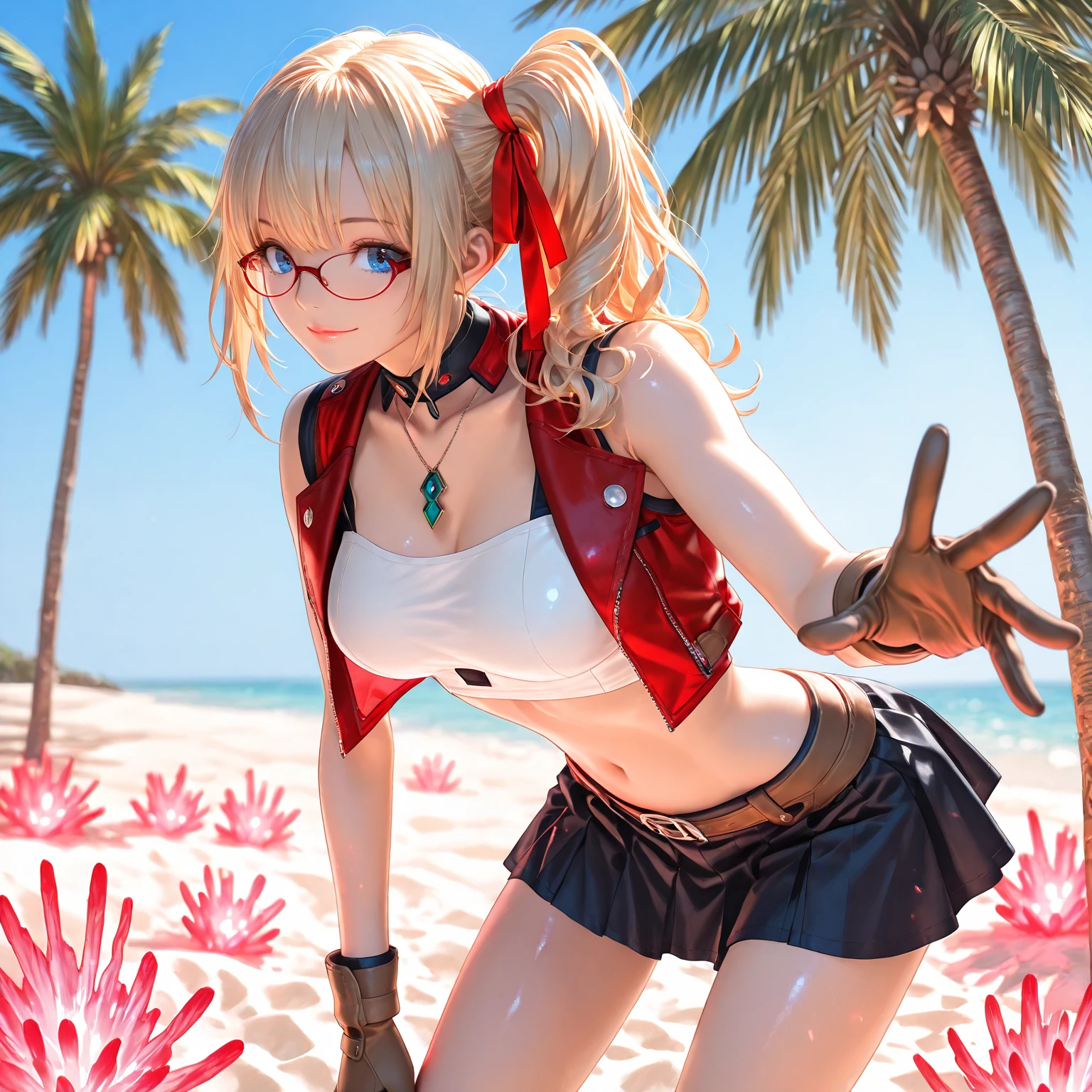 extremely detailed, finely detail, best quality,extremely detailed CG unity 8k wallpaper,high res, beautiful detailed girl, extremely detailed eyes and face,((sexy pose)),((seductive pose)),outdoors, marie rose,1 girl, solo, blonde hair, plaid skirt, twintails, long hair,outdoors, blue eyes, red skirt,bare shoulders, hair ornament,   pleated skirt, bangs, small breasts, studded belt,red necktie,ankle,bare legs,full body