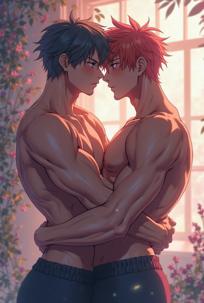 Black haired anime boy in underwear with six pack abs kissing red haired anime boy in underwear with six pack abs