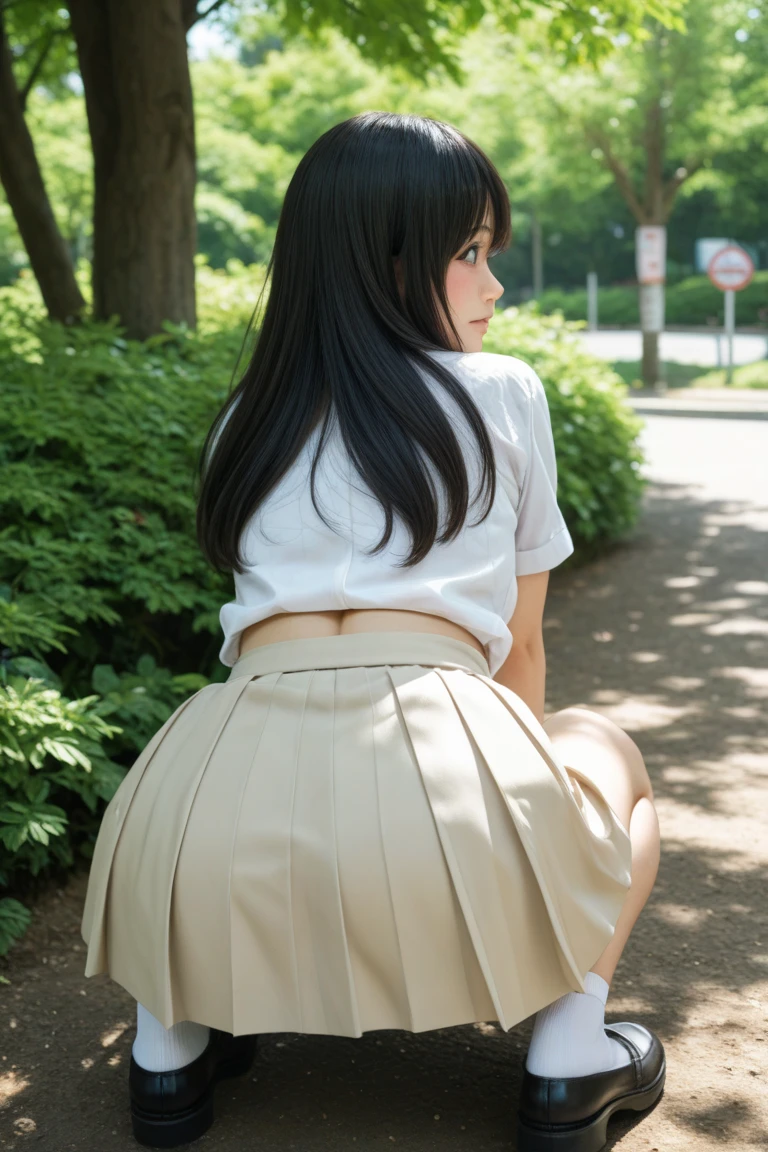NSFW, (masterpiece, best quality, photo realistic, official art:1.4), (UHD, 8K quality wallpaper, High resolution, RAW photo:1.2), (shiny skin), Cinematic lighting, physically-based rendering, Award-winning, highly detailed skin, Carl Zeiss 85 mm F/1.4, BREAK, 1girl, solo, very cute 18-year-old Japanese schoolgirl, (glossy black hair, high ponytail:0.8), (wearing Japanese school uniforms, pleated Skirt:1.5), (stretch two arms to touching knees, lean forward:0.8), (narrow waist, hip emphasized, beautiful shaped medium hip, well shaped hip line, thick thighs), (white panties visible, cameltoe:1.3), black thigh-high socks, zettai ryoiki:1.5), (sneakers:0.5), lean forward, BREAK, standing at garden in university, summer daytime, depth of field, (thigh gap, thigh focus:1.5), (lower body shot, extreme close shot, view from behind, view from below:1.5),