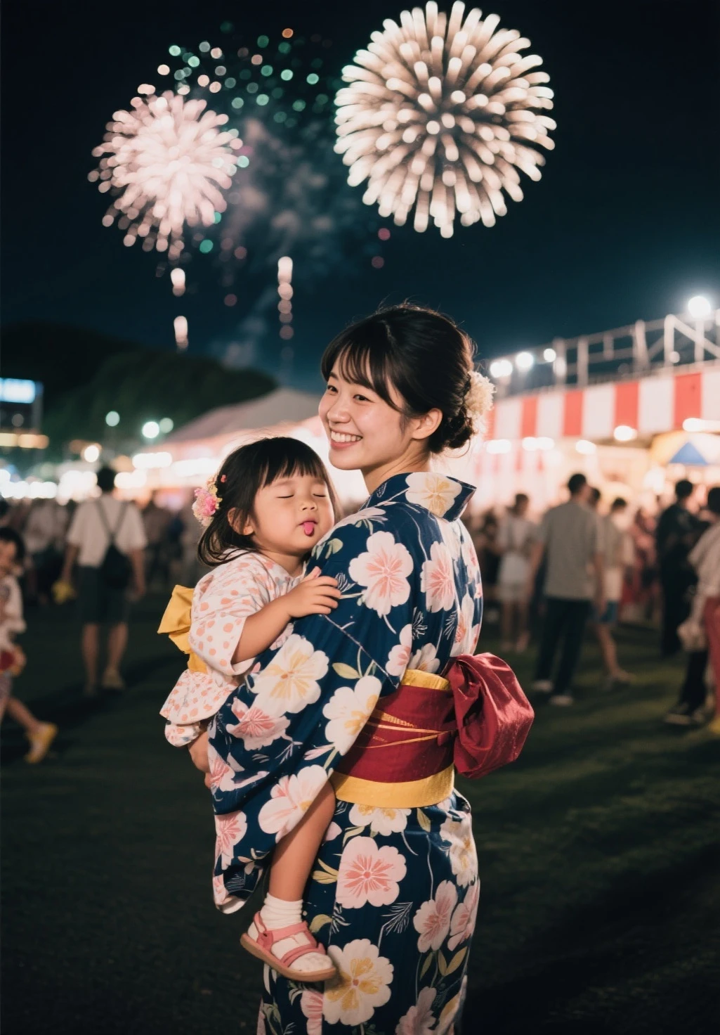 photo of brilliant Fireworks set off over the beautiful busty mother in blue yukata and beautiful busty daughter in red yukata, photorealistic, photorealism
