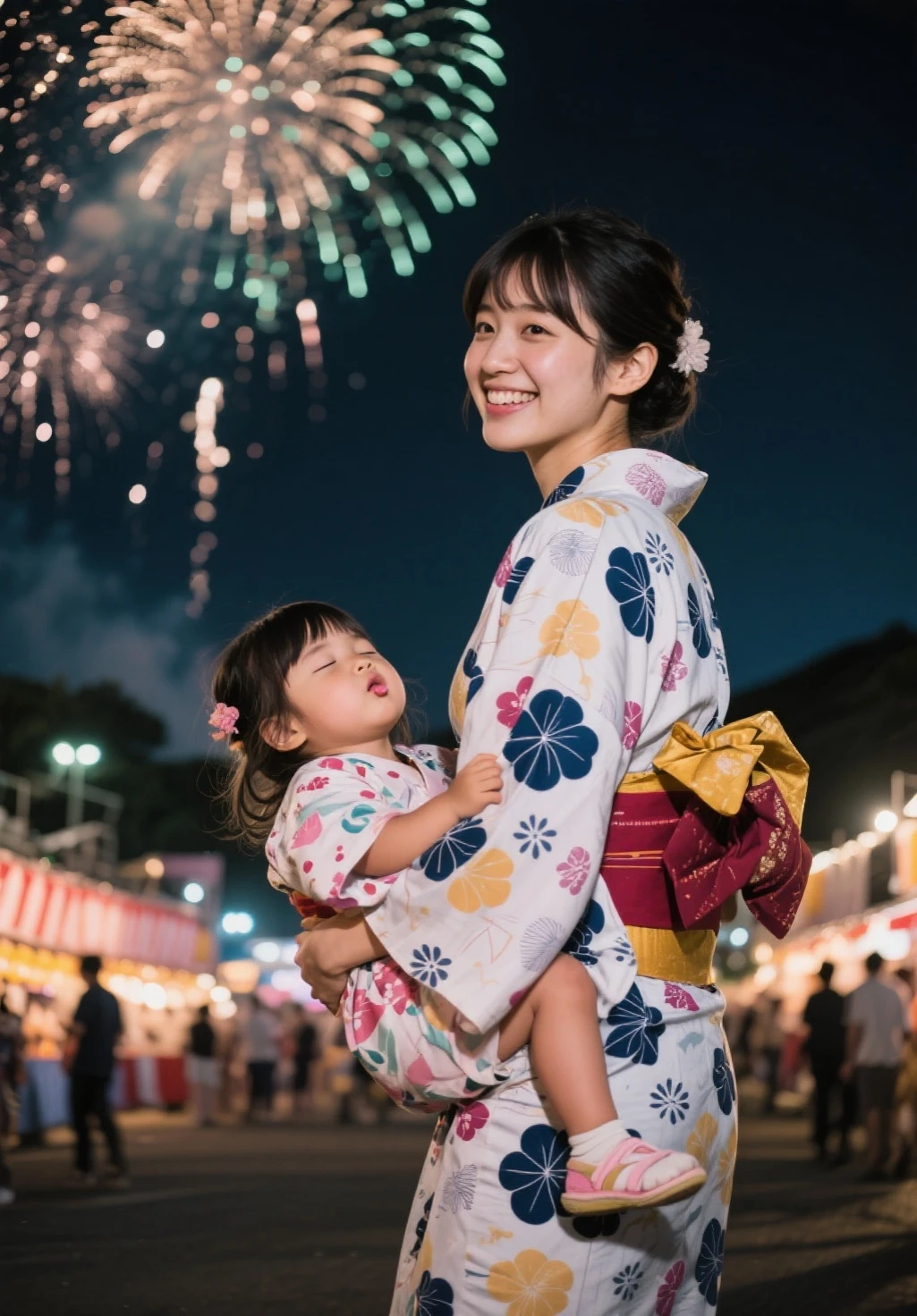 photo of brilliant Fireworks set off over the beautiful mother in blue yukata and beautiful daughter in red yukata, photorealistic, photorealism