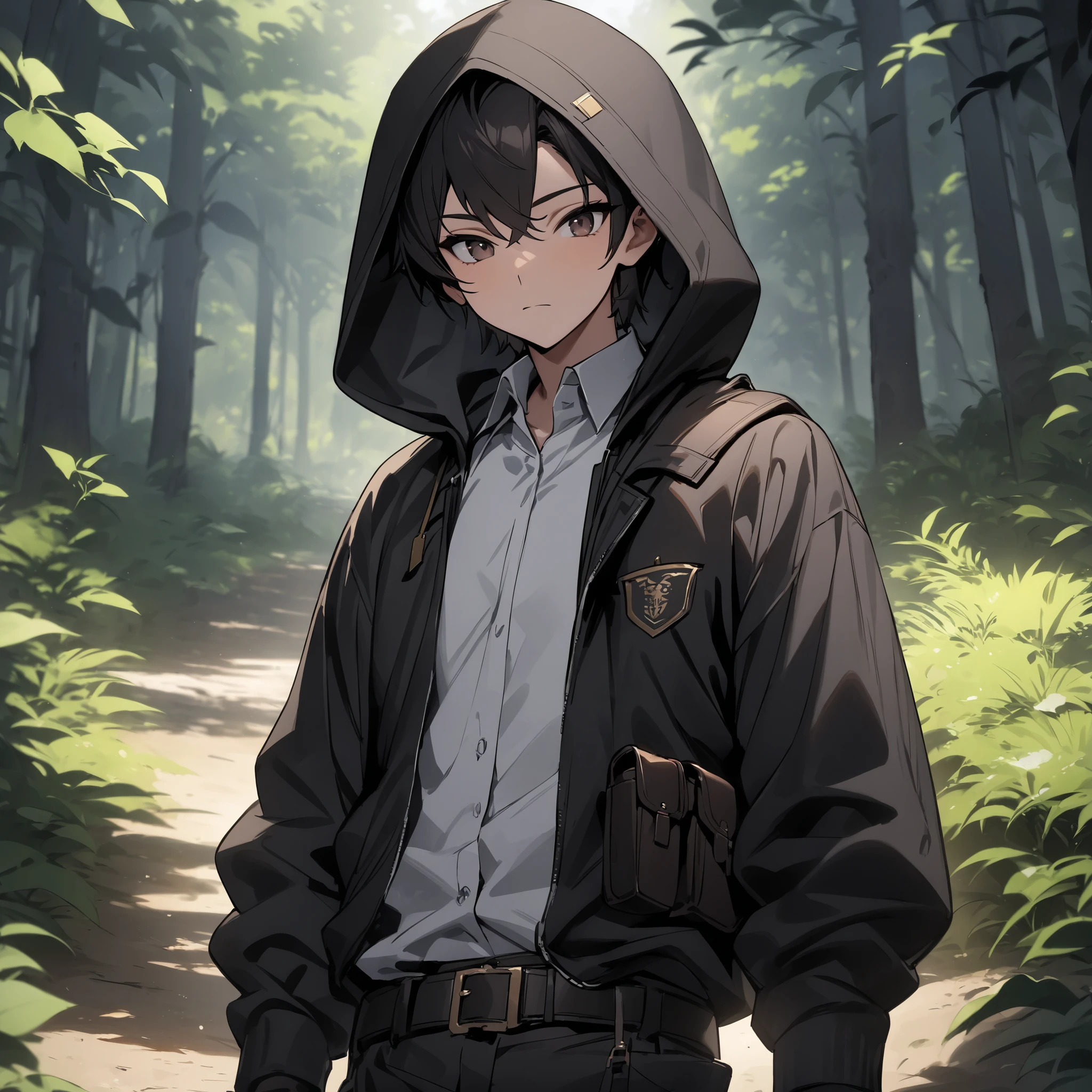 Masterpiece, High quality, Best quality, Quality masterpiece, solo man, Male, Teen, head, Short hair, Black hair, Dark brown eyes, academy school uniform, black gloves, fingerless gloves, wide collar, Hoody, Hood up, black jacket, white shirt, collared shirt, black pants, belt accessory, belt pouch, outdoors, forest.