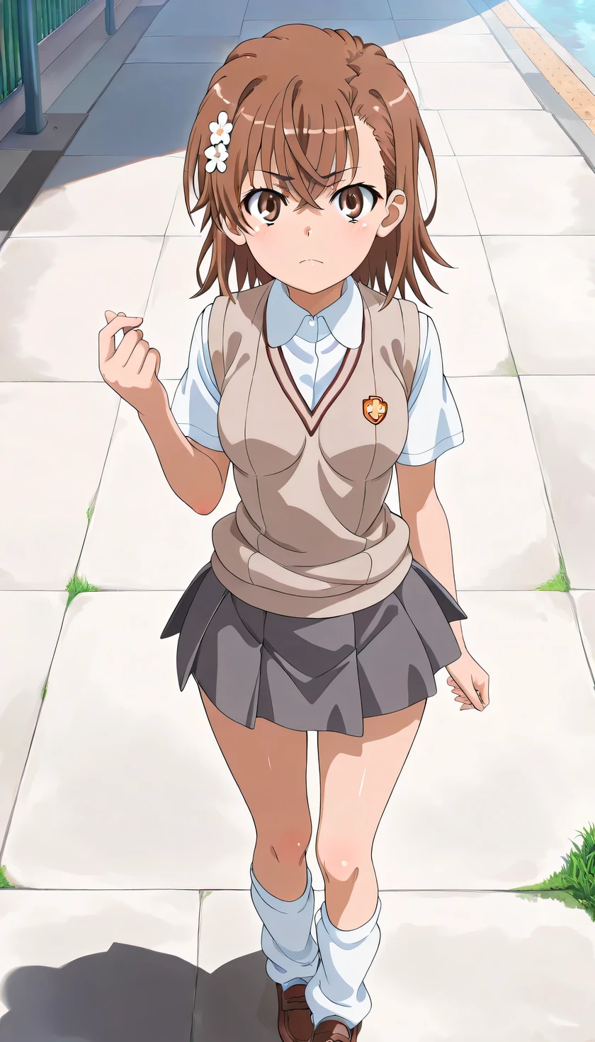 {{{masterpiece}}}, (best quality:1.5), (ultra-detailed:1.5), {illustration}, {{an extremely delicate and beautiful}}, (beautiful detailed eyes:1.6), absurdres, highres, extremely detailed face, 16k, hd, visual anime de uma jovem mulher, extremamente bonito rosto de anime, anime melhor garota, (perfect hands, perfect ), (five fingers:1.1), anime face, misaka mikoto(A Certain Scientific Railgun), 1girl, solo, cute face, short hair, brown hair, hair ornament, hair flower, hairclip, crossed bangs, (brown eyes:1.4), , big , curvaceous, BREAK, {tokiwadai school uniform}, {school uniform}, brown vest, sweater vest, tuck out vest, white shirt, short sleeves, collared shirt, pleated skirt, grey skirt, mini skirt, slouchy socks, loose socks, white socks, brown loafers,