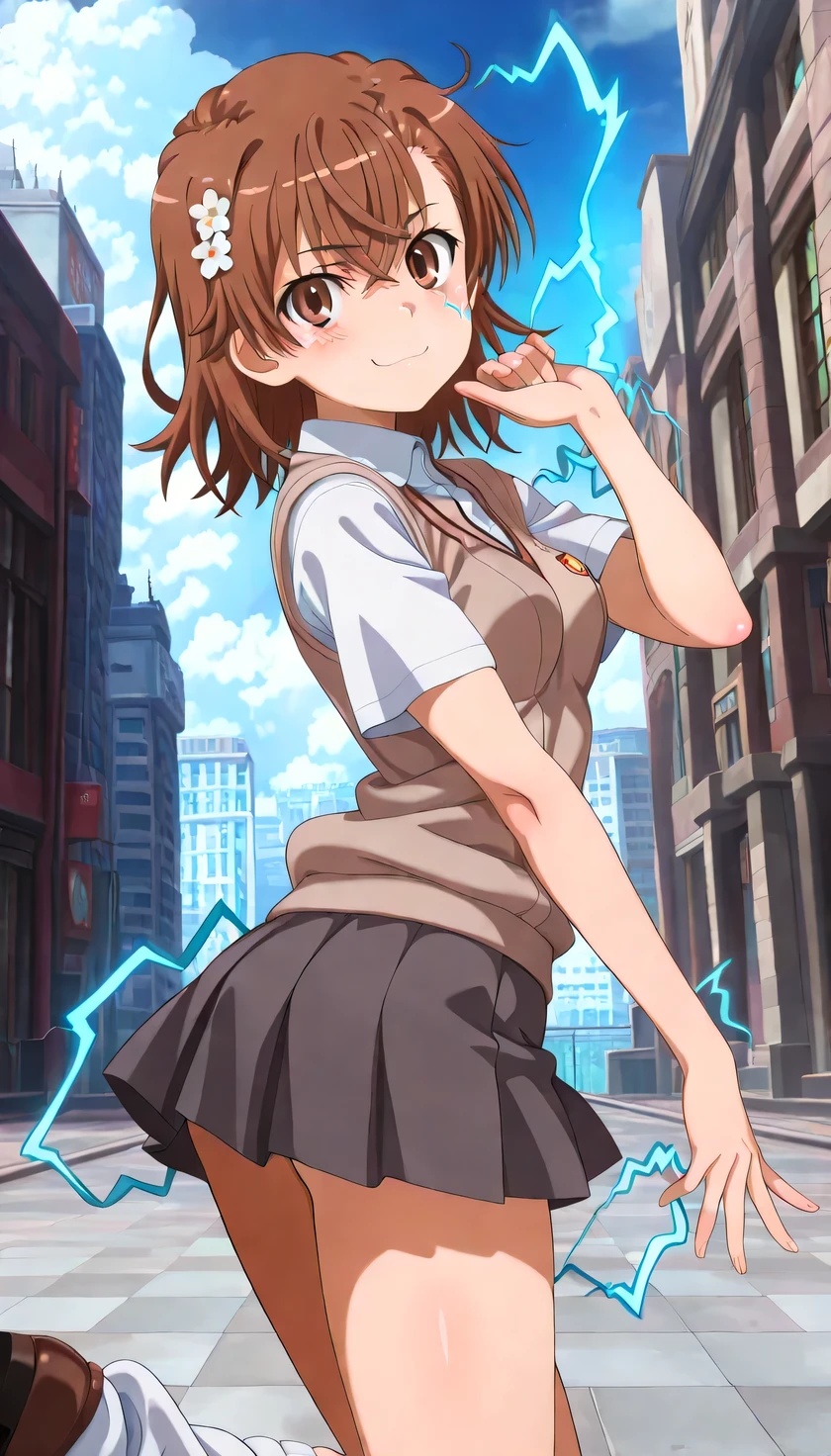 {{{masterpiece}}}, (best quality:1.5), (ultra-detailed:1.5), {illustration}, {{an extremely delicate and beautiful}}, (beautiful detailed eyes:1.6), absurdres, highres, extremely detailed face, 16k, hd, visual anime de uma jovem mulher, extremamente bonito rosto de anime, anime melhor garota, (perfect hands, perfect ), (five fingers:1.1), anime face, misaka mikoto(A Certain Scientific Railgun), 1girl, solo, cute face, short hair, brown hair, hair ornament, hair flower, hairclip, crossed bangs, (brown eyes:1.4), , big , curvaceous, BREAK, {tokiwadai school uniform}, {school uniform}, brown vest, sweater vest, tuck out vest, white shirt, short sleeves, collared shirt, pleated skirt, grey skirt, mini skirt, slouchy socks, loose socks, white socks, brown loafers, BREAK, (point at viewer:1.6), smiling, flushed cheeks, light particles, (electricity:1.3), (electrokinesis:1.8), flushed cheeks, looking at viewer, outdoor, city, building, sky, daytime, cowboy shot, twisted torso
