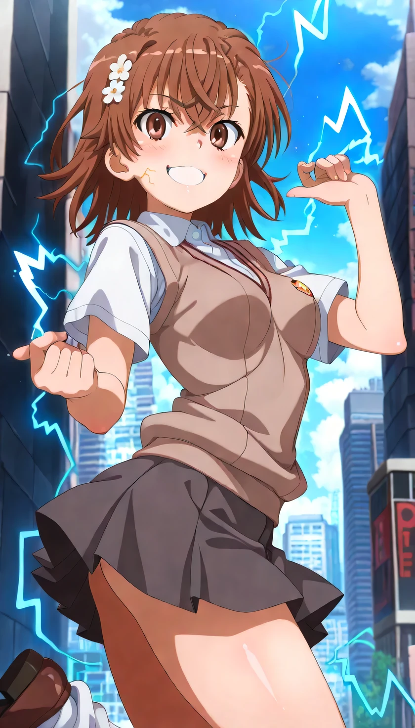 {{{masterpiece}}}, (best quality:1.5), (ultra-detailed:1.5), {illustration}, {{an extremely delicate and beautiful}}, (beautiful detailed eyes:1.6), absurdres, highres, extremely detailed face, 16k, hd, visual anime de uma jovem mulher, extremamente bonito rosto de anime, anime melhor garota, (perfect hands, perfect ), (five fingers:1.1), anime face, misaka mikoto(A Certain Scientific Railgun), 1girl, solo, cute face, short hair, brown hair, hair ornament, hair flower, hairclip, crossed bangs, (brown eyes:1.4), , big , curvaceous, BREAK, {tokiwadai school uniform}, {school uniform}, brown vest, sweater vest, tuck out vest, white shirt, short sleeves, collared shirt, pleated skirt, grey skirt, mini skirt, slouchy socks, loose socks, white socks, brown loafers, BREAK, (point at viewer:1.6), smiling, flushed cheeks, light particles, (electricity:1.3), (electrokinesis:1.8), flushed cheeks, looking at viewer, outdoor, city, building, sky, daytime, cowboy shot, twisted torso