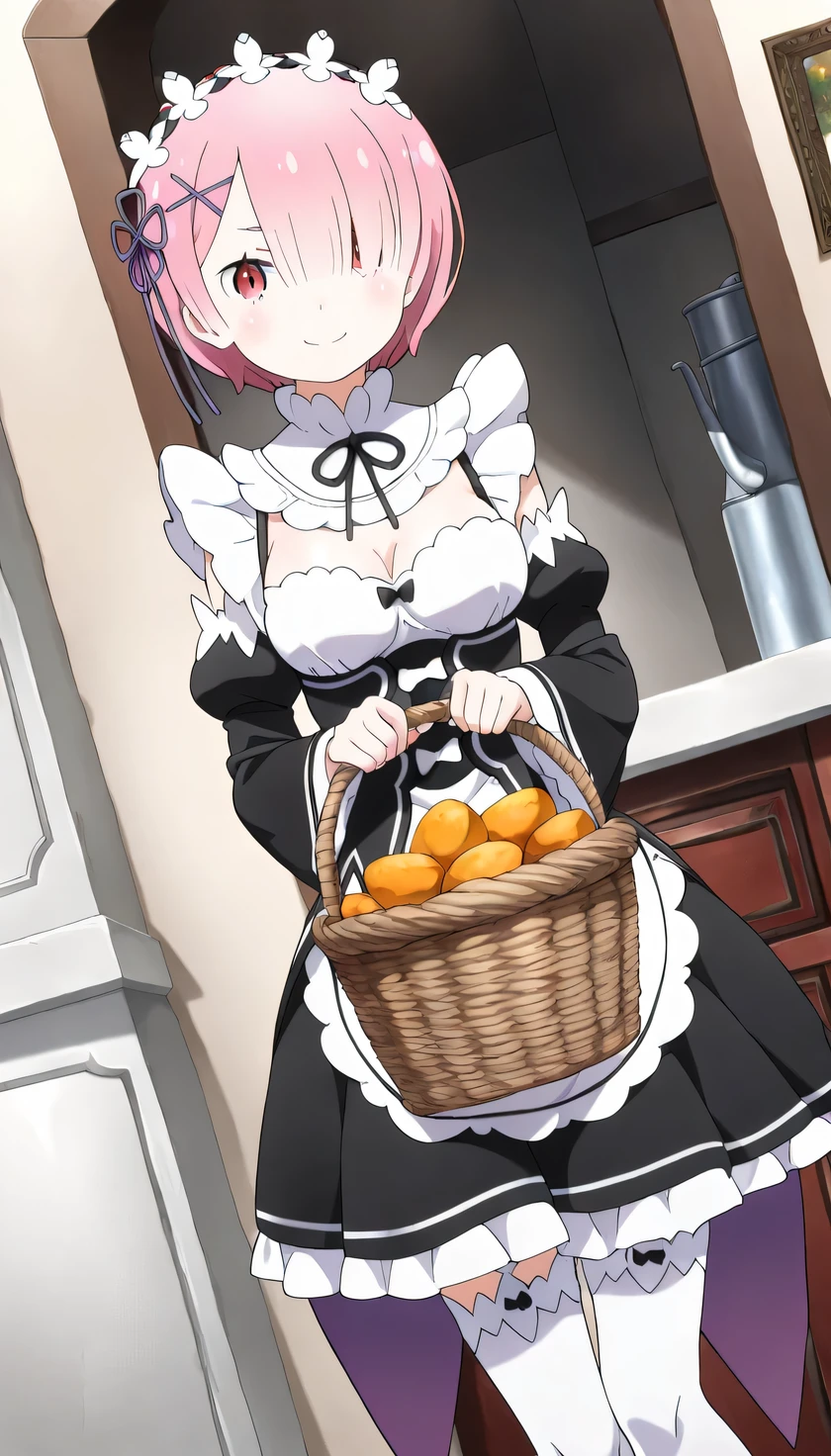 {{{masterpiece}}}, (best quality:1.5), (ultra-detailed:1.5), {illustration}, {{an extremely delicate and beautiful}}, (beautiful detailed eyes:1.6), absurdres, highres, extremely detailed face, 16k, hd, visual anime de uma jovem mulher, extremamente bonito rosto de anime, anime melhor garota, (perfect hands, perfect anatomy), (five fingers:1.1) anime face, ram(re:zero), 1girl, solo, cute face, pink hair, short hair, hair over one eye, (red eyes:1.4), hair ornament, x hair ornament, flushed cheeks, medium breasts, big hips, curvaceous, BREAK, maid, {roswaal mansion maid uniform}, tailcoat, detached sleeves, black sleeves, black ribbon, (apron:1.2), black skirt, (white thighhighs:1.3), maid shoes, thighs, zettai ryouiki, BREAK, cute face, smiling, standing, sweet potatoes in basket, have a basket, dutch angle, indoors, roswaal mansion