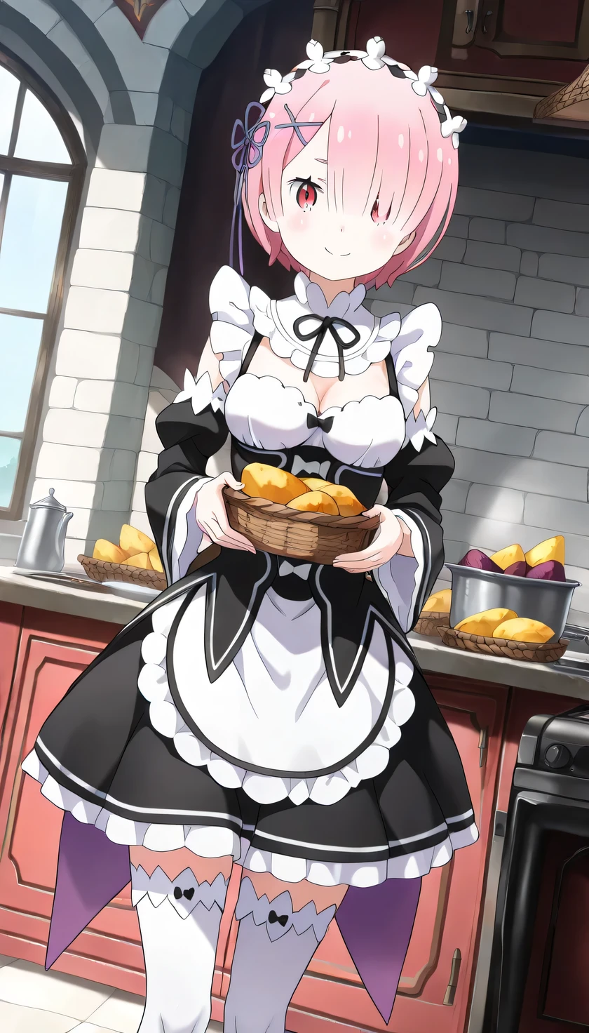{{{masterpiece}}}, (best quality:1.5), (ultra-detailed:1.5), {illustration}, {{an extremely delicate and beautiful}}, (beautiful detailed eyes:1.6), absurdres, highres, extremely detailed face, 16k, hd, visual anime de uma jovem mulher, extremamente bonito rosto de anime, anime melhor garota, (perfect hands, perfect anatomy), (five fingers:1.1) anime face, ram(re:zero), 1girl, solo, cute face, pink hair, short hair, hair over one eye, (red eyes:1.4), hair ornament, x hair ornament, flushed cheeks, medium breasts, big hips, curvaceous, BREAK, maid, {roswaal mansion maid uniform}, tailcoat, detached sleeves, black sleeves, black ribbon, (apron:1.2), black skirt, (white thighhighs:1.3), maid shoes, thighs, zettai ryouiki, BREAK, cute face, steamed sweet potato, smiling, standing, steamed sweet potato in basket, have a basket, dutch angle, indoors, roswaal mansion