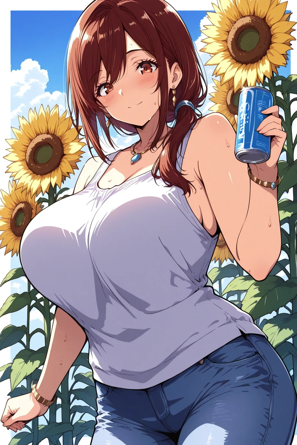 Anime illustration、highest quality、A short and voluptuous high school girl idol、Campaign Girl、Cow print tube top、Cow print hot pants、Breast milk、Ranch Story、Pasture、grazing、Perfect proportions、overwhelmingly big breasts、Beautiful, shining eyes、Blushed、smile、Cowboy Shot、Thick legs