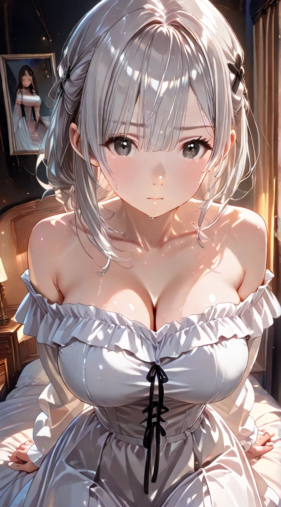 NSFW,(official art、highest quality、Unity 8k wallpaper、32K、masterpiece、super detailed、超high resolution、realistic、Photoreal:1.2)、(cinematic lighting:1.2)、fire glow effect、film grain、best shadows、rim lighting、side light、(Super detailed and complex 3D rendering)、beautiful background、detailed beautiful face and eyes、(Beautiful and sharp pupilasterpiece, high resolution、highest quality, Ultra - High resolution, maximum resolution, very detailed, professional lighting, beautiful skin,BREAK, (Perfect hands, Perfect Anatomy,Detailed Eyes:1.5,Fine eyes:1.5),(((hyoudou michiru, solo, black thighhighs, black skirt, , frilled skirt, detached sleeves, sleeveless shirt, white shirt, red ribbon ,maid headdress))), (((Focus on the chest、Pay attention to the panties)))、Thick outline:1.3、Fine contours、Distinct colors、Vibrant colors,BREAK 非常にFine eyes、Eyes that reflect the light and shine beautifully:1.3、Highly detailed face、Clear Eyes、Beautiful Skin、Fair skin、bright、Vibrant colors、(((Beautiful silver hair:1.3))),BREAK (((10 years old:1.3))),12 years old,Cute Face, Detailed face, Detailed skin, Detailed clothing, Detailed fingers, Toned Legs,Small waist、Attractive thighs、Amazingly thin legs、Incredibly slim thighs、smooth and beautiful thighs、 Beautiful legs with less unevenness、Her thighs are wet with a surprising amount of semen, A lot of milk spills from the mouth,BREAK Extremely heavy sweating,(((Amazingly large breasts:1.3、Amazingly plump and big breasts:1.5,Big Tits:1.5,Beautiful breasts、Beautiful breastsの形、Pointed Chest、The tip of the chest is sharp、Amazingly huge amount of cum and very wet all over the boobs:1.3、Only one light pink nipple is exposed))),BREAK (((Squat with your legs spread out to the side:1.3,Attractive cleavage,Spread your legs 120 degrees to the sides and squat over a small puddle.:1.5)))、Water dripping from the crotch、Transparent colored pee,BREAK The part hidden under underwear is revealed、Growing pubic hair、 BREAK Garter、leg garter、Black knee-high sockini skirt 30cm above the knee、Very small skirt,BREAK (((Small panties exposed:1.3、The crotch of the panties is wet))),BREAK The second, third, and fourth buttons of the shirt are undone、Upper arms exposed、Red collar:1.3,BREAK Brown loafers,BREAK pantypull,pantydrop,panties,(((A great many parts of the clothing are torn and tattered:1.3))),panties around one leg, panties around one ankle ,BREAK Open your mouth wide、Masturbation、peace sign、anxiety、(((I&#39;m embarrassed and my cheeks are very flushed:1.5、Imminent sex、Impending blowjob)))、Embarrassed and blushing,orgasm、Ecstasy、My face is wet with lots of milk,((Lift up your skirt yourself、Lift the hem of a skirt:1.5)),BREAK (((Shooting from below)))、The whole body is visible、 Bright and stylish cafe、Beautiful views,Masturbation,Breast Lift,(((test:1.5,loli)))
