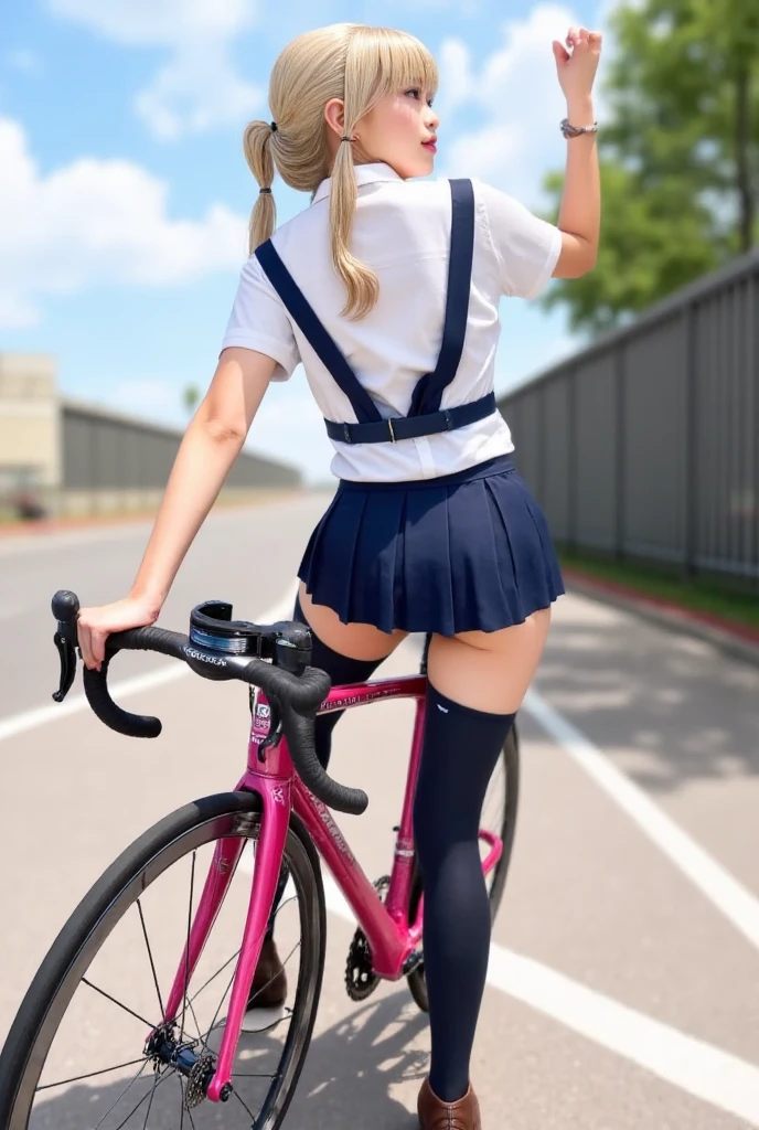 ((highest quality)), ((masterpiece)), (be familiar with),  (High definition), 8K, Best Shadow, The best natural lighting, Cinematic, A high school girl commuting to school on a road bike、((自転車で走り去っていくBack view))、(brown medium hair)、Navy blazer、(Long navy skirt)、(White socks)、((Back view))、covert photography、((View from directly below))、Zoom in on the bike saddle、Manga panel layout、Manga style、Manga Design、morning、Oblique rear view