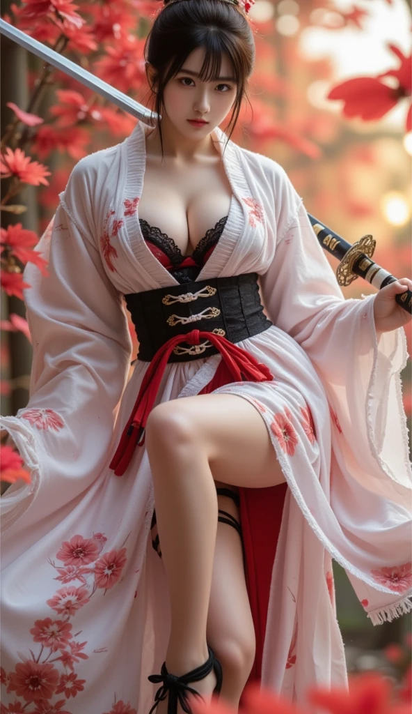 mai shiranui, Brown eyes, Full body portrait, Toes are visible, Standing, Full body, Prestige, Long hair, Brown hair, White ribbon, Sleeveless, poneyTail, sash, pelvis curtain, arm guards, mitts, tabi, fascinated expression, Sexy eyes, medium breasts, Smile, Cute, view the viewer, Long hair, Close to Japan temple, (breasts focus:1.2), (Realistic:1.2), (Full Shot: 1.2), (Realism), (masutepiece:1.2), (Best Quality), (ultra-detailliert), (8K, 4K, Convoluted), (85 mm), light Particle, Lighting, (Highly detailed:1.2), (Detailed face:1.2), (gradients), SFV, Colorful, (Detailed eyes:1.2), (Detailed temples of Japan: 1.2),(Detailed background), (Dynamic Angle:1.2), (Dynamic Pose:1.2), (Line of action:1.2), Wide Shot, Daylight, Solo.