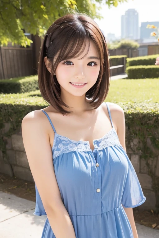 Realistic image High resolution A 26-year-old Japanese woman with a short cut and a cute smile.She is wearing a light bink-colored blouse with a bare chest and a miniskirt that reveals cute dark blue lace underwear.She is just so cute.