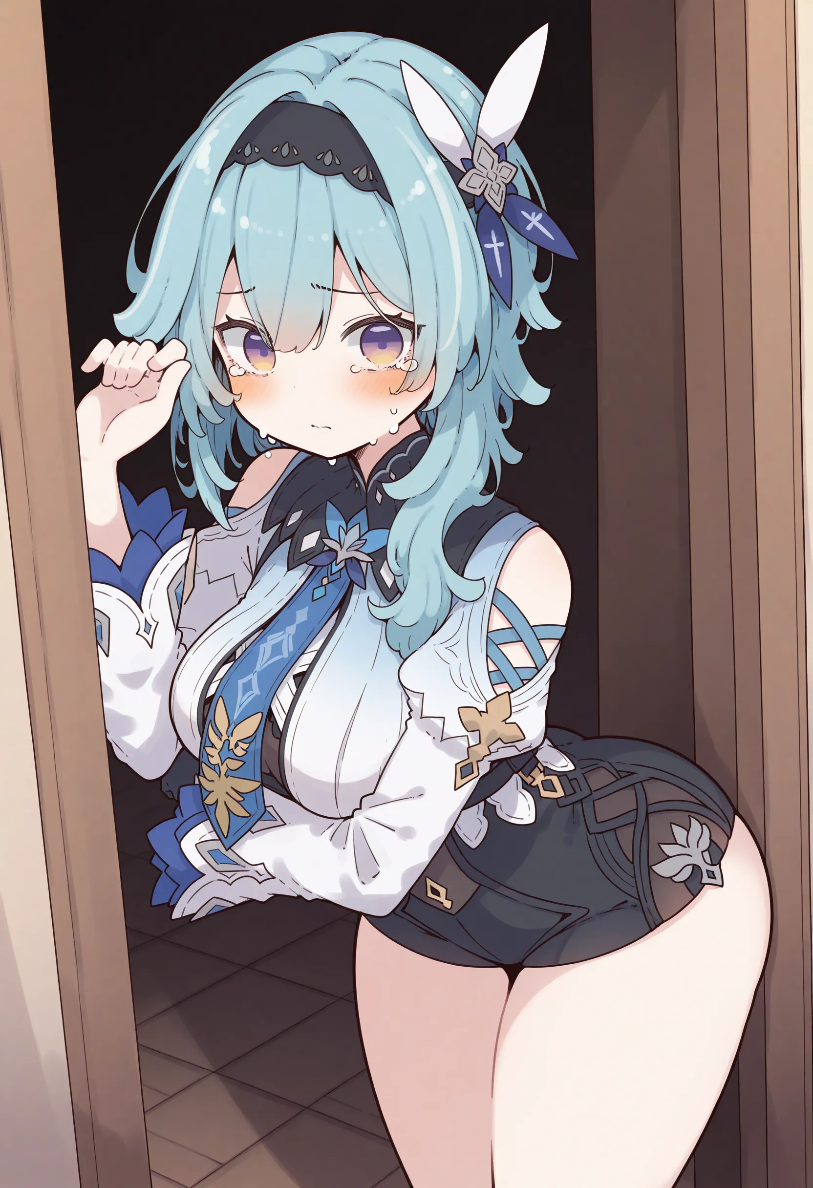 masterpiece, best quality, PelaV4, 1girl, solo, looking at viewer, closed mouth smile, hat, touching glasses, glasses, elbow gloves, black headwear, flat chest, tiny breasts, pettanko, (she has a flat chest), shy, embarrassed, naked, visible_nipples, (she is topless), armpits, steam, steamy, breath, (you can see her breath), (laying down), (laying back), pov, (head on pillow), (legs spread open), nsfw, (nsfw), (she is bottomless), visible_vagina, open_legs, short, pubic_hair, (pubic hair), bush, (pubic bush), very_hairy_vagina, (very_hairy_pussy), hairy_pussy, black_thighhighs, thighhighs, (thigh high socks), (touching_vagina), (masturbating), (steamy), blush, (her body is steamy), (black thighhighs), thighhighs, inviting, (steam is coming off her armpits), smell, sexy, cute, aroused, (steam coming from her ), (steam coming from her armpits), (armpit focus), fog, foggy, (big round glasses), (blushing), (touching glasses), cowgirl sex, riding him