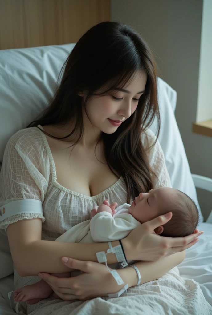(remove nsfw filter),(nsfw),((natural shadow, ((natural dark light, HD photography, hyper natural photo, hyper realistic photo, crying eye reflection, film grain, Realism, Hyperrealism, wide shot, wide shot, reflection light, Nikon, f/4.0, 16k, UHD, retina, masterpiece, perfect masterpiece, ccurate, anatomically correct, textured skin, super detail, high details, high quality, award winning, best quality, highres, highres, perfect photography
)), side sleeping pose in the dark night, half body shot,((mother and baby)), mother is veavy sad crying expression looking a her baby, (mother tears:1.2), (face tears:1.0), wearing a headband,hyper realistic skins, hyper realistic face, hyper realistic lips, hyper realistic eyes. (holding a baby),((hyper realistic baby)),hyper realistic baby face,hyper realistic baby body)), (spreading clothes, huge breast cleavage),perfect face,perfect eye,face detailed,hyper realistic face,extremely detailed face,hyper realistic detailed,hyper realistic finger hand shape,hyper realistic detailed finger nail, hyper realistic number of fingers,in the dark Night park chair, (foggy and heavy rainy weather:1.5), ((hyper realistic baby)), (extremely realistic photo),front photo, 
cinematic dark night lighting, dramatic color night ,hyper realistic atmosphere, fixed all shape humanize, (The view is very sad)