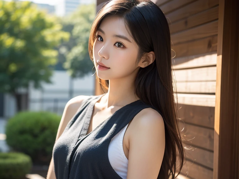 ((Best quality, 8K, masterpiece:1.3))，1girl，18 years old，Asian，Real texture:1.3，(Background blur:1.3)，Gorgeous long dress，Tall and slender figure:1.2，(Hot summer weather)，（street:1.3），Highly detailed face and skin textures，Exquisite eyes，Long eyelashes，Double eyelids，Skin Whitening，happy，