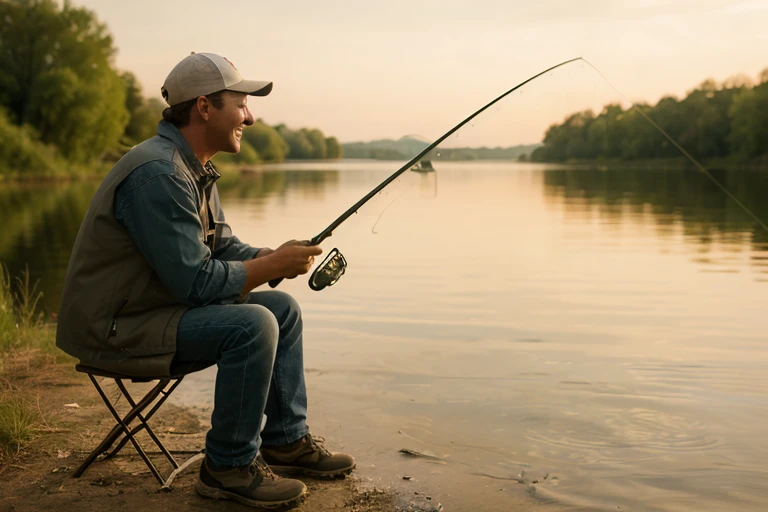Man fishing Drop wheel Fishing cocked mouth River bank Smoking with sunglasses