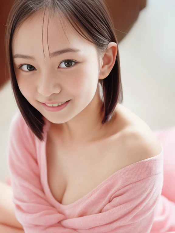 ((A neat and clean elementary school girl)), (Small person), ((Slim, Small breasts, Flat breasts, Small breasts)), Short black hair, It&#39;s photorealistic, Details, Detailed skin texture, Ultra Detail, Delicate and sexy collarbone, A shy smile, Super detailed face, detailed lip, Detailed eyes, ((A 12-year-old girl))、Delicate eyebrows、((Short neck))、((Baby Face))、Professional photography、((Watching the audience))、Studio shot、People Shooting、((White bathrobe)),,((No makeup))With bangs,(Messy hair),(Japanese-style room),((Sitting upright on the tatami:1.2)),