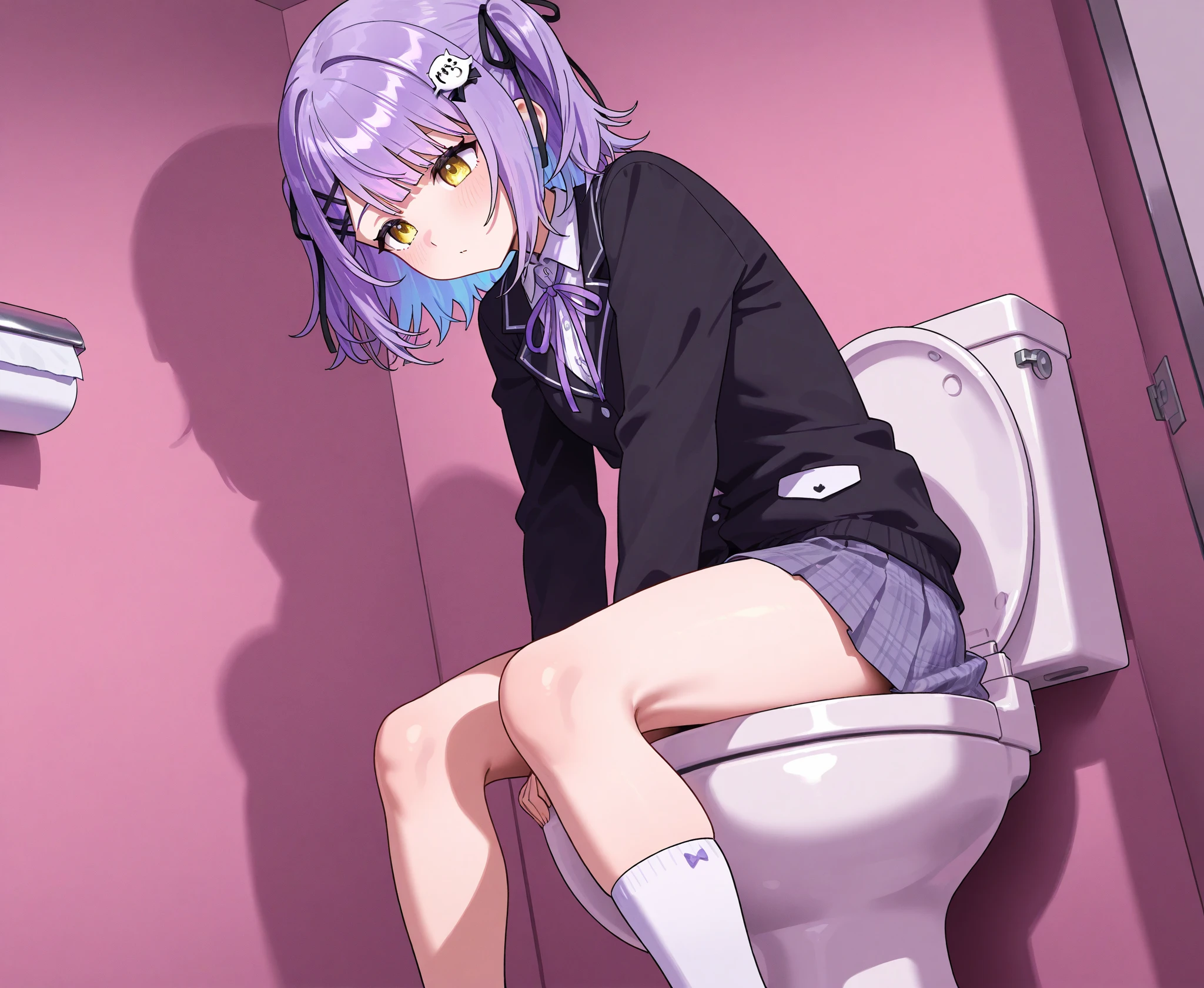Masterpiece, Score_9, score_8_up, 8k, ultra-detailed, Ultra-high resolution, high-quality, 1girl, long hair, cute, perfect anatomy, looking at viewer, medium breasts, sexy, pussy, skirtless, wearing crop top only, no panties, toilet, hand tied up, night, from below, pee 1:7, peeing 1:6, arms up, armpits, blushing, blush, shy, standing up, bangs, solo, spread legs