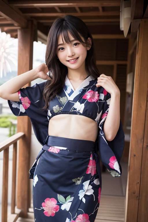 Reality，photo shoot、1 person Takako Zenba、15 years old、smile、
cute、Hairstyle up、
Show pubic hair、Show 、
squat、Stick your  out、
yukata、