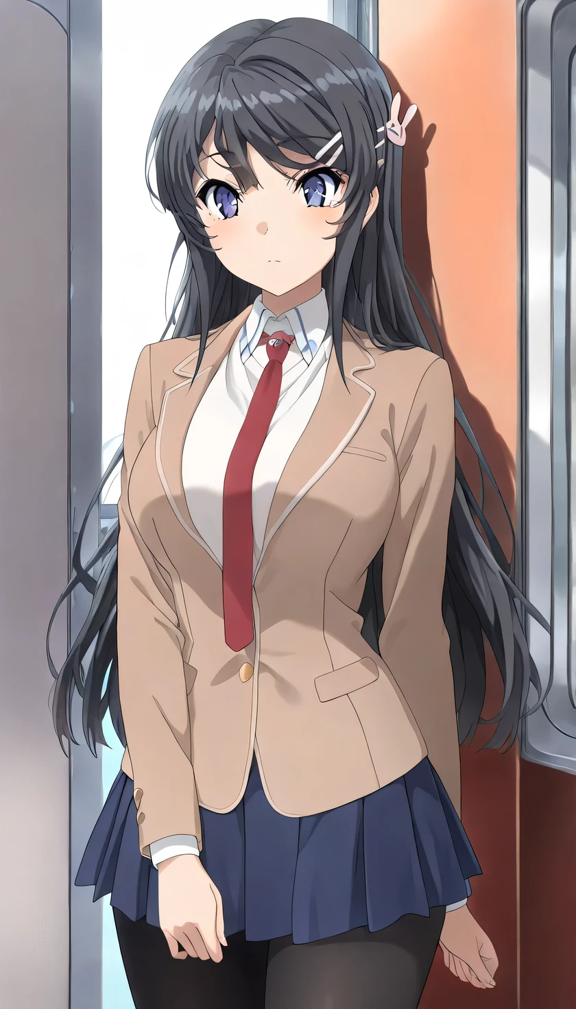 {{{masterpiece}}}, (best quality:1.5), (ultra-detailed:1.5), {illustration}, {{an extremely delicate and beautiful}}, (beautiful detailed eyes:1.6), absurdres, highres, extremely detailed face, 16k, hd, visual anime de uma jovem mulher, extremamente bonito rosto de anime, anime melhor garota, (perfect hands, perfect anatomy), (five fingers:1.1) anime face, sakurajima mai(Rascal Does Not Dream of Bunny Girl Senpai), KJOmai, 1girl, solo, cute face, long hair, (black hair:1.5), bangs, sidelocks, hair ornament, hairclip, rabbit hair ornament, (purple eyes:1.1), large breasts, big hips, curvaceous, BREAK, {school uniform}, (brown jacket:1.5), open jacket, long sleeve, brown sleeve, white shirt, collared shirt, red necktie, tuck out, pleated skirt, miniskirt, blue skirt, black pantyhose,