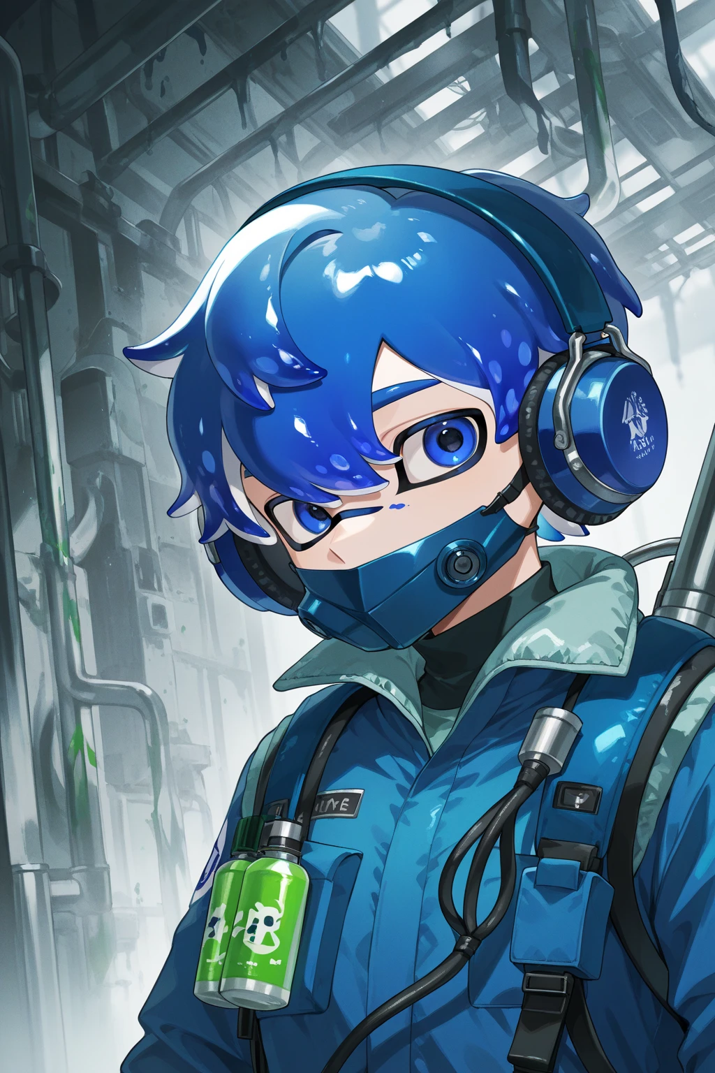 Leviathan Megaman 1 girl, looking at viewer, blue hair, Blue eyes, sea background, Blushed, face only, glasses