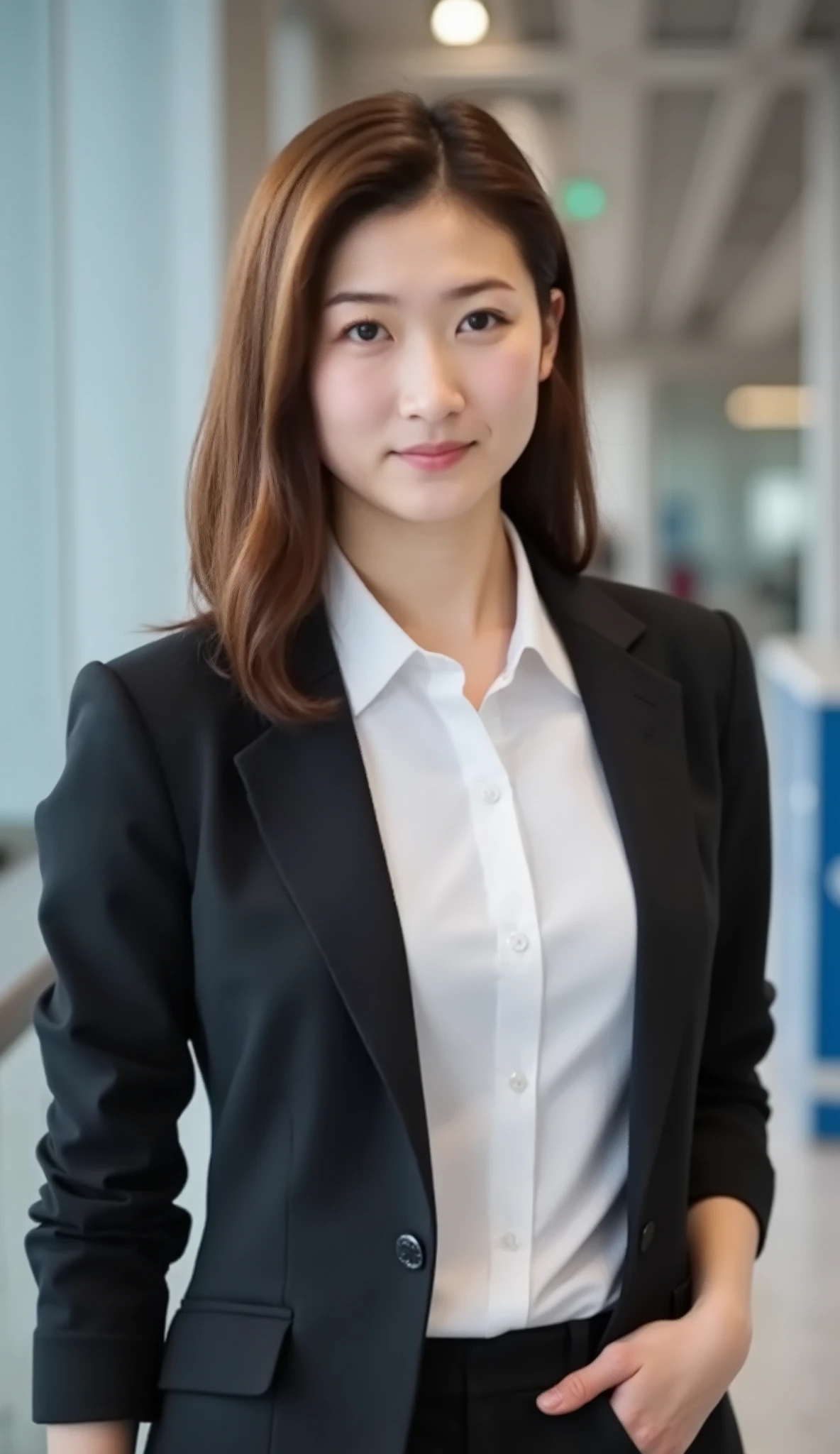 Neat Young Woman、looking at the camera、office lady suit、jacket、shirt、、 髪型ショートカット、、耳にピアス、、顔のクローズアップ、The background is office