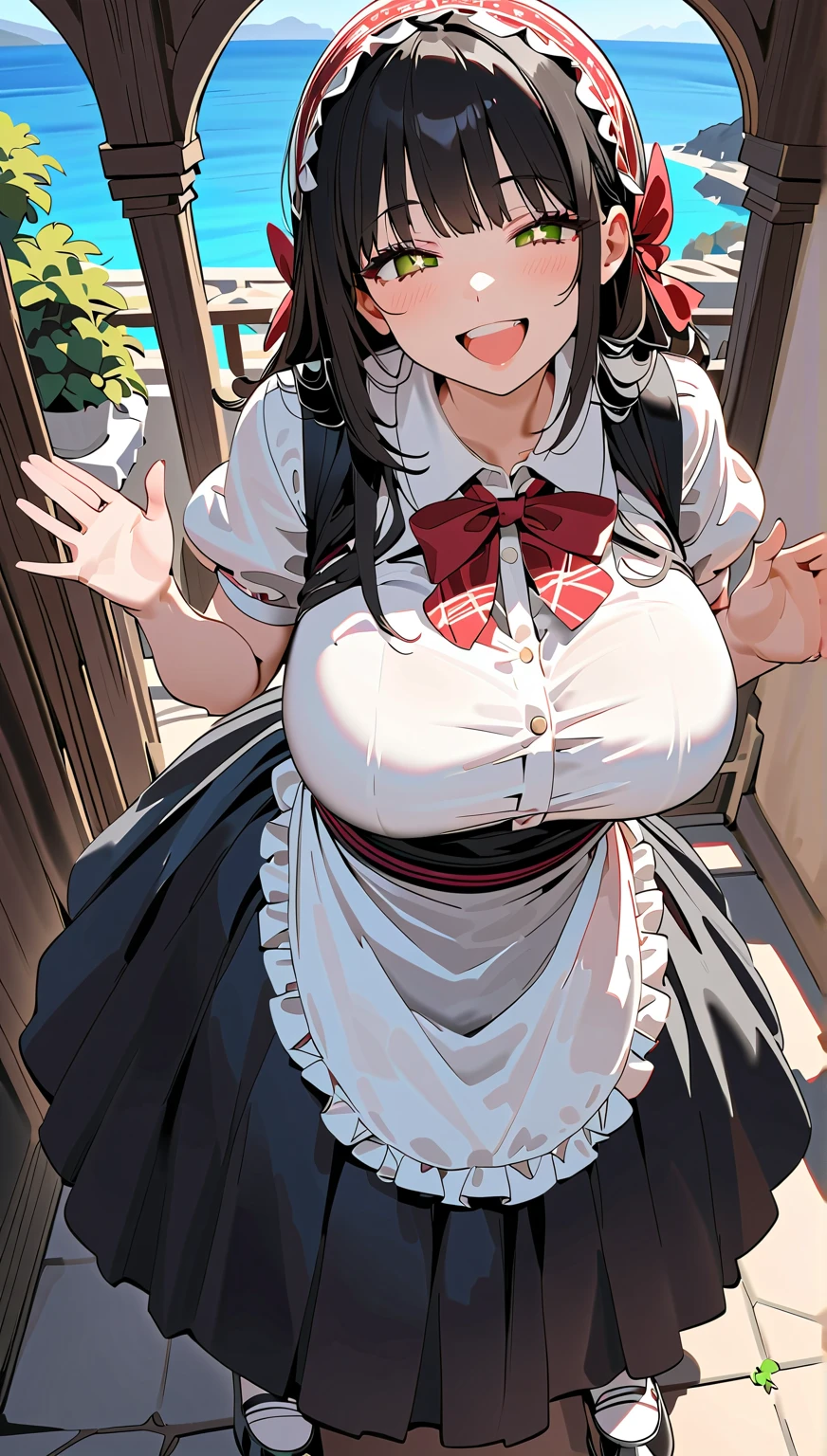 best quality, detailed face, detailed eyes, 1girl, solo, single panel BREAK,
(girl in office working:1.2)
, (bob cut:1.5), (side parted bangs:1.5), (dark brown hair:1.5), (brown eyes:1.5), short hair, (gigantic breasts:1.5), :d, (trembling:1.2), (serious, frown:1.1), (wa maid kimono:1.3), maid headdress, indoors, (red ascot:1.5), embarrassed,shocked,
breast expansion, (motion lines:0.7), trembling, looking at breasts, (embarrassed:1.3),shocked, aroused, breast focus, (bursting breasts:1.2), (exclamation point:1.2), hearts, (BEReaction:1.5), nipples, large areola
<lora:kaamin [alpha128 3e-5]:1>  <lora:BEReaction:0.85>