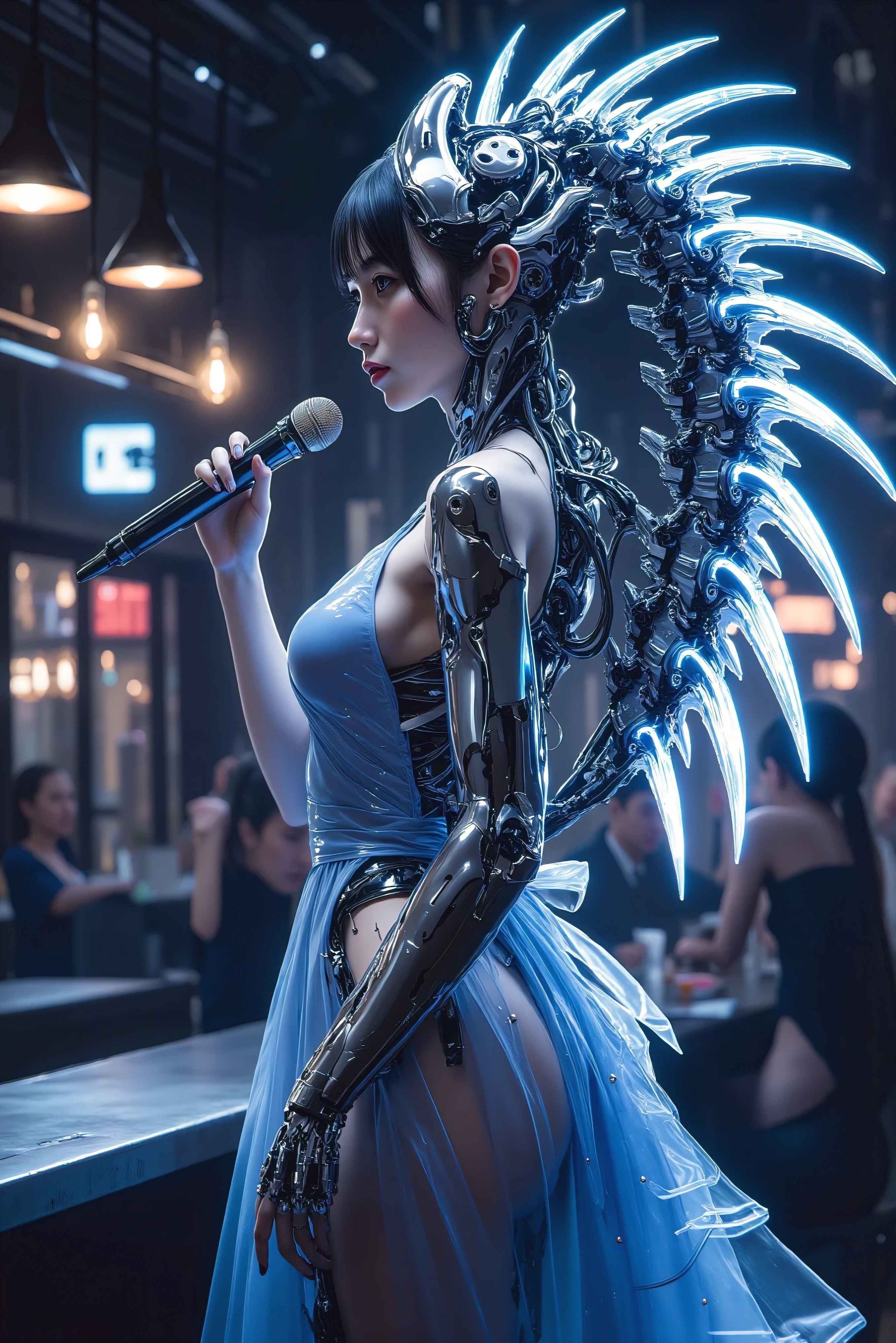 Ishikawa Ren ,Bar Singer, elegant blue dress, A human being made half of a machine, Blue machine , sing with a microphone, big breast, from side