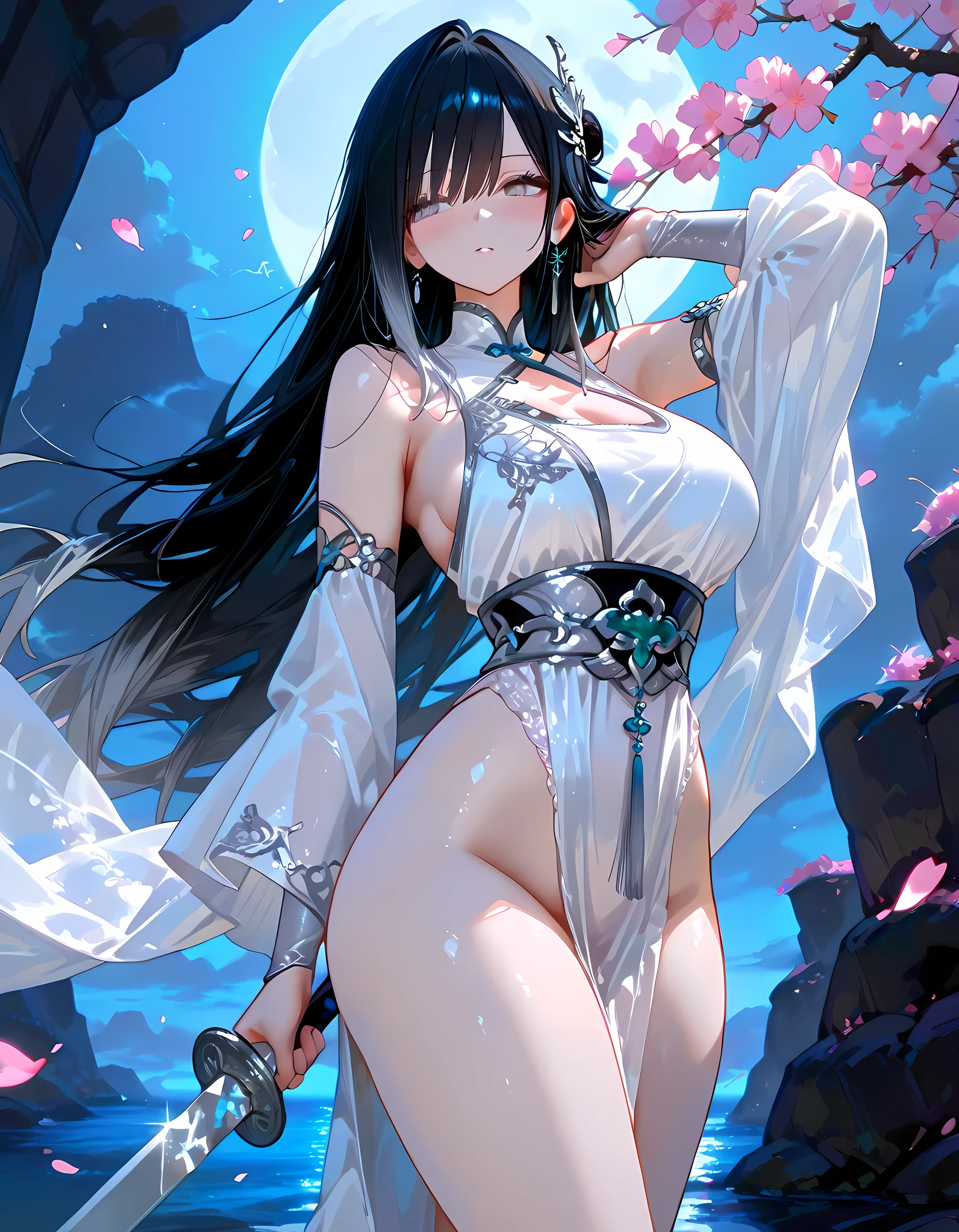 naked、Frozen hair、pubic hair、Beautiful Female Ninja、Black hair upstyles、((whole body))、(((photo taken from below)))、snow、ice、強Wind、Wind、waterfall