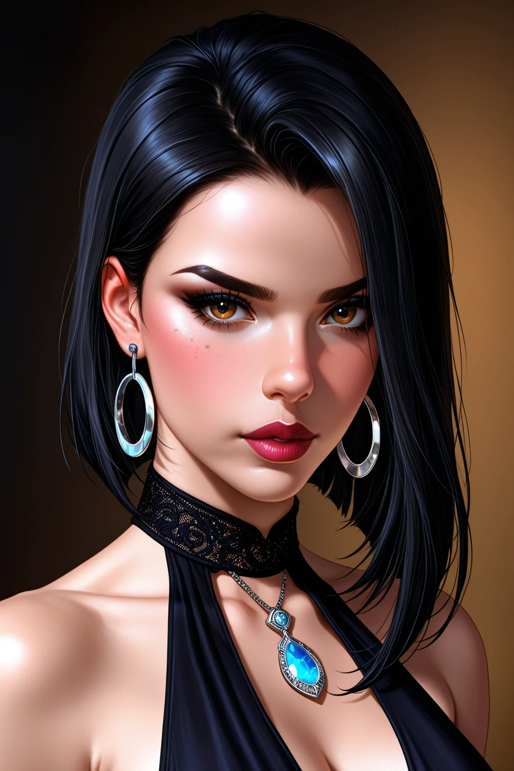 goth woman with piercings, portrait, masterpiece, realistic, highly detailed, black background,