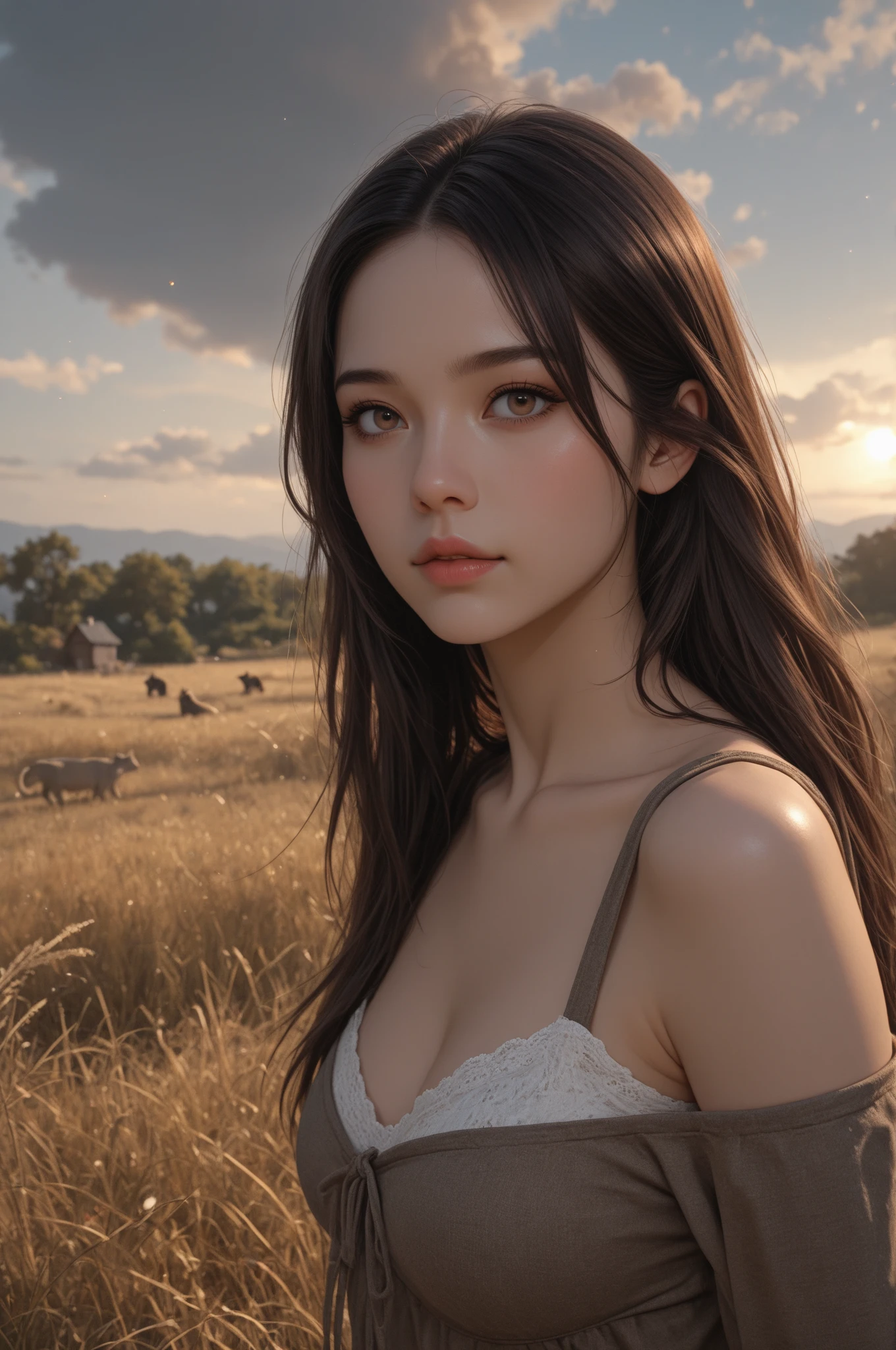 (((fullnude、a beauty girl、Stay outside))、fullnude、The wind is blowing outside、Naked without wearing anything、((Not wearing pants、Naked body))、14years、８Head and body、a small face、A slender、Very skinny、skinny、torso, beauty legs、legs are long、tiny chest,Ribs、discreet breasts、((Constricted waist、Smaller chest、small tits))、beauty legs、dented belly、Model body type、Lustrous hair、Backgrounds that look like real photos、(((NSFW)))、(((Reveal madness)))、Field work、harvest、Today's protagonist、I look up and close my eyes