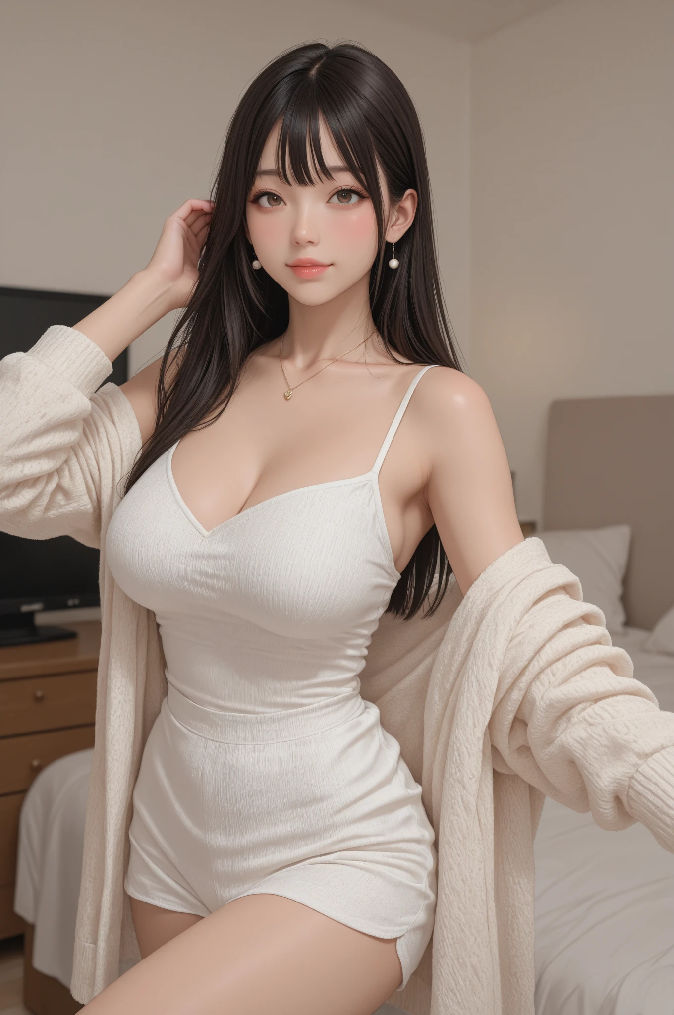  Portrait, RAW photo, Unreal engine, 
 beautiful, masterpiece, best quality, extremely detailed face, perfect lighting, Best Quality, (ultra-detailed) .
 expressive eyes, perfect round face, perfect hair, 
 1 young woman, 25-years-old, 
 white hair:1.5, Long hair, high ponytail, bangs, multiple piercings, 
 blue eyes, majestic lips, 
 busty, large breasts, 
 oversized sweater, cleavage, oss-sy, long sleeves, thighlet,  
  tongue out, ahegao face,  wide open mouth,  
 interior, sunset, 
 soft ambiant light, 
<lora:epiCRealismHelper:3> <lora:Tongues_V62:0.8>