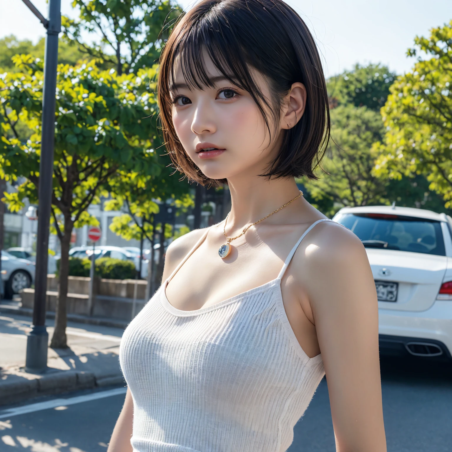 ((perfect anatomy:1.5,realistic:1.3,RAW photo:1.3,masterpiece、highest quality、Ultra - High resolution、High resolution、Detailed CG、8K)),cowboy shot,1 female,alone,dancer,18-year-old、high school girl beautiful girl,Japanese,((beautiful detailed face and eyes:1.2,big and gorgeous eyes:1.2,gray eyes)),dark brown hair,short bob hair,bangs,medium breasts,slender body,small head:1.3,skinny,(oily skin,glowing skin,shiny skin、Sweat),、plaid pleated mini skirt,on the road,Harajuku、Tokyo、
