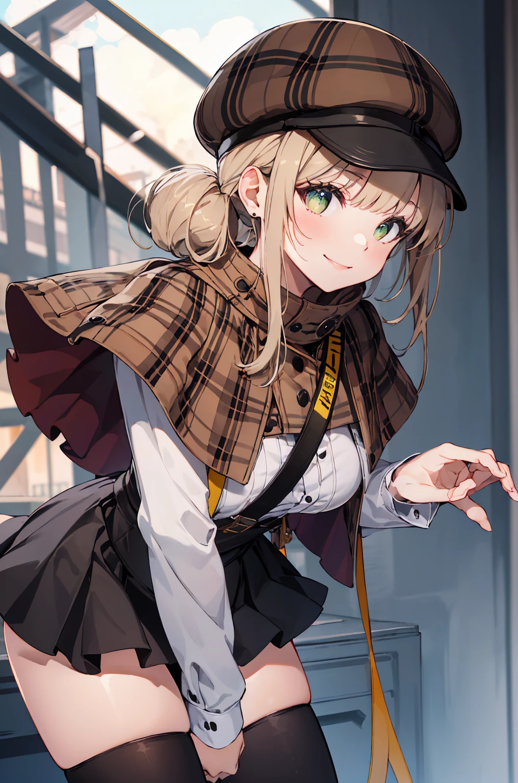 beautiful lighting, best quality, masterpiece, detailed background, shining skin, shining body, shiny skin, dynamic angle, (mid shot:1.2), bewitching hips, 1 girl, nikkenovel, deerstalker, plaid capelet, white shirt, cleavage, black skirt, black thighhighs, <lora:novel-nvwls-v1-final:0.8>, sitting, (knees up:1.5), suspicious expression, head tilt, white panties