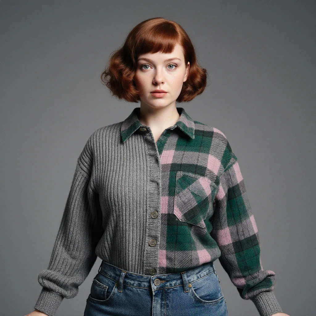 The character with messy bun red hair wears a black jacket and jeans with floral accessories ,blue interior wearing glasses with a book hat and wearing black arm warmers