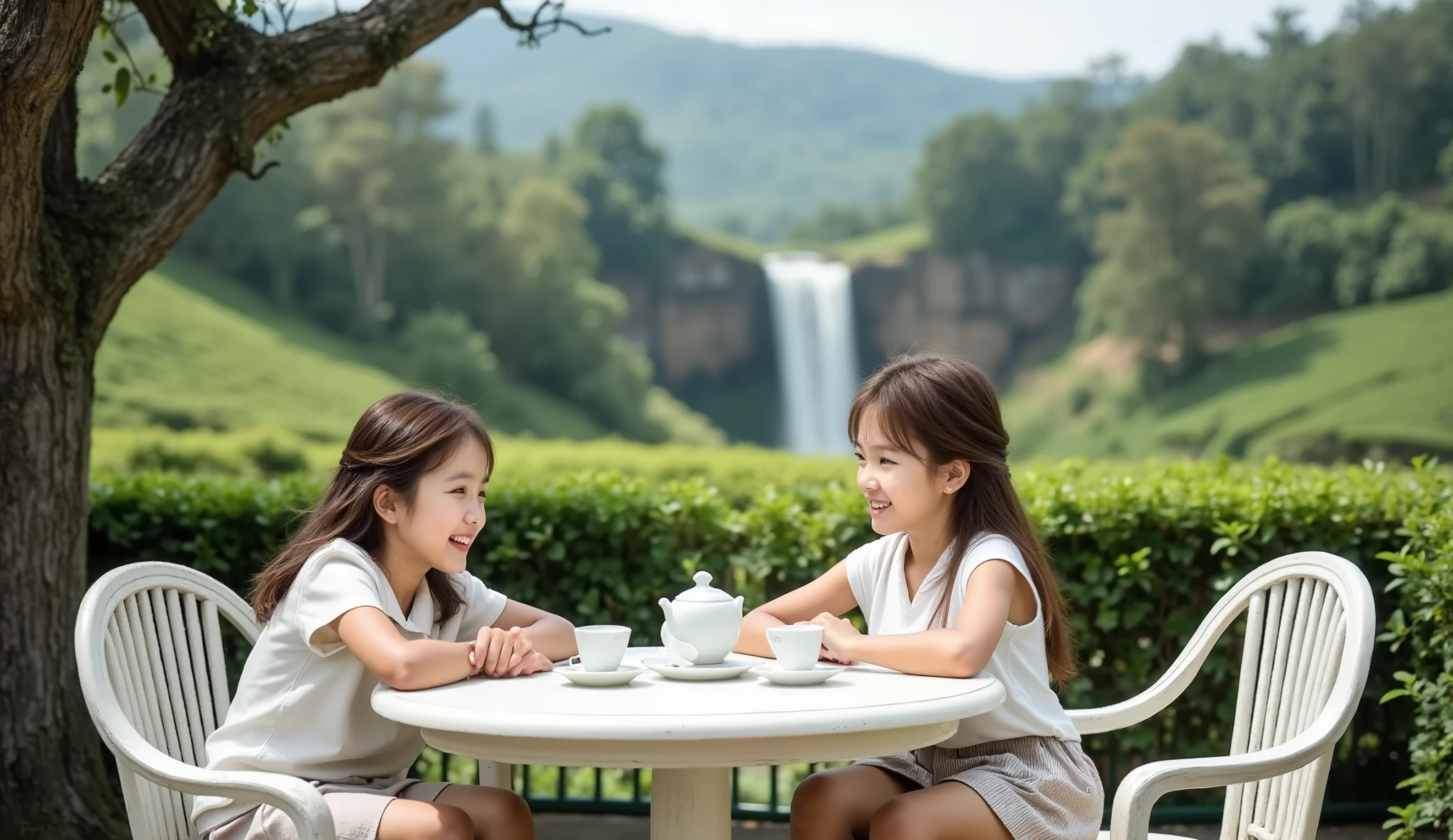 A peaceful open tea garden with an antique white round table and white chairs in the center. A sister and her younger brother sit happily, sharing tea. On the table are two elegant white tea cups and a teapot. In the distance, a waterfall cascades down green hills, framed by wide tea plantations. Photorealistic, cinematic atmosphere, highly detailed, masterpiece, vibrant colors, ultra-wide view, natural beauty. Negative Prompt: avoid plastic cups, avoid modern restaurant look, avoid blur, avoid text, avoid western interiors