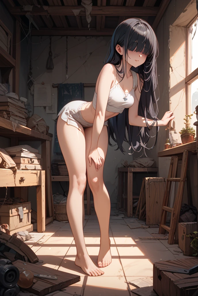 Female, Curvy, ((Sitting on small bin)), Sideboob, Armpit, (No panties), ((No pants))