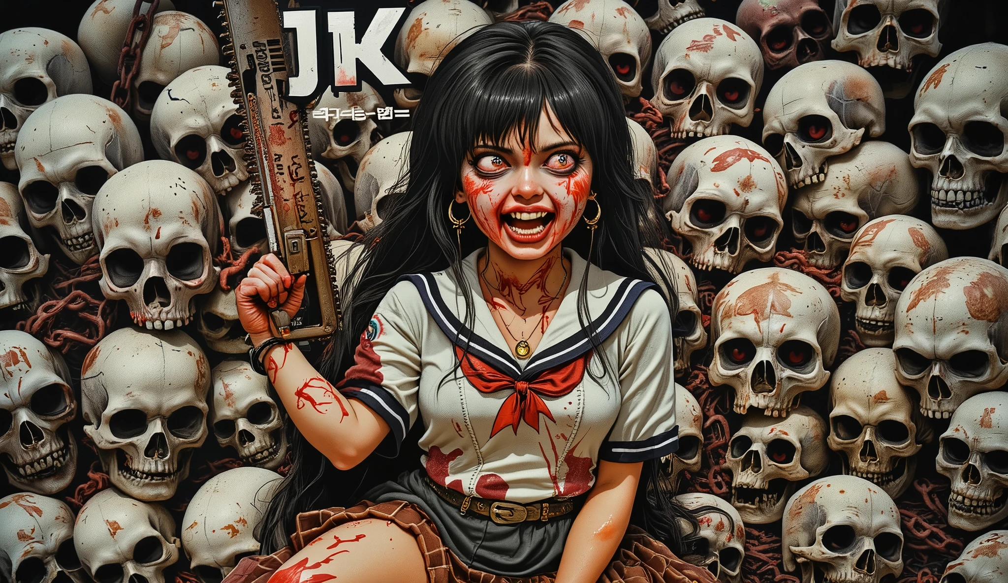 Nsfw,((This is a vintage movie poster for the film "JK Chainsaw":1.5)),1960's poster,as she wields a chainsaw,blood on face,blood splatter,1 アンドロジナス,Alone,美しい顔,釣り目,黒 hair,long hair,ボブカット,crazy grin,heavy make up,open mouth,blood on mouth,((wearing Japanese school 黒 sailor uniform with mini 黒 skirt, 赤 ribbon,長袖)),chain and skulls background, Anatomically correct,黒,金,赤,スカーレット,artist photoshoot,劇的なキアロスクーロの照明 , 神秘的な雰囲気,gore,ホラー,不気味な,エロティック,american comic,(ビビッドカラー:1.5),鋭い線, ダイナミックなポーズ,詳細画像,
