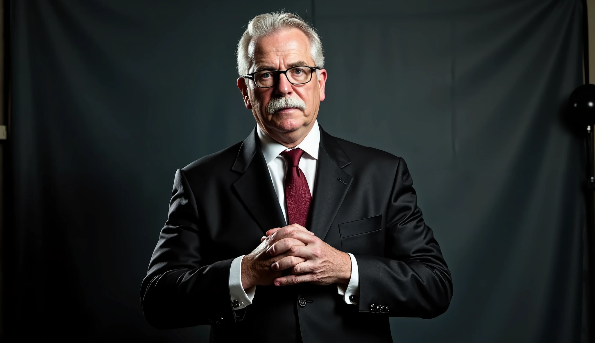A mysterious presenter, just over 65 years old, white hair, white mustache, glasses, wearing a classic dark suit and tie, clean-shaven and with his hair parted to the side, in a minimalist, shadowy studio with dramatic lighting, inspired by the noir TV shows of the 1960s. Charismatic, serious expression, hands clasped.