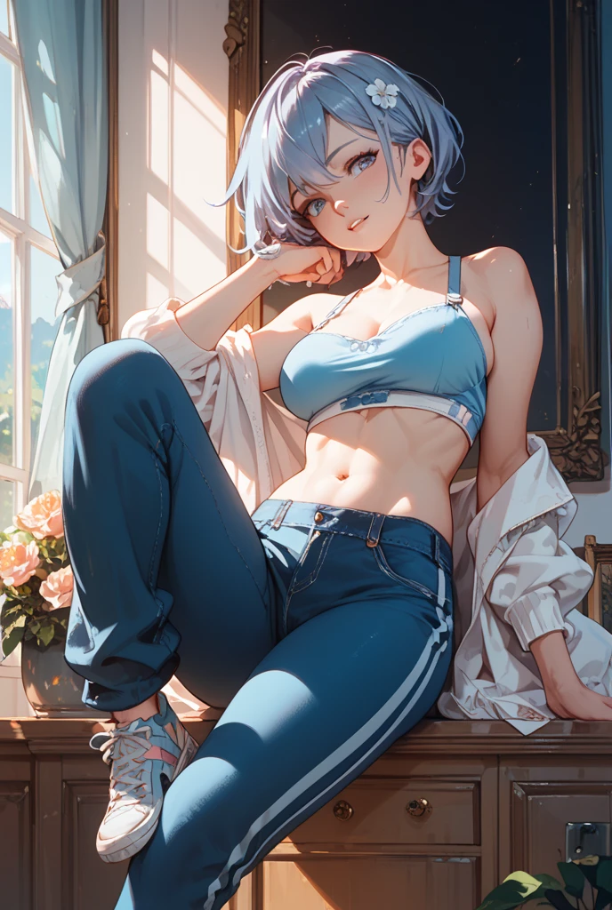 masterpiece, best quality, ultra-detailed, illustration, colorful, flat color, depth of field, 1girl, suisei hoshimachi, blue starry eyes, blue hair, choker, hair between eyes, medium hair, side ponytail, star choker, sports bra, yoga pants, anime, (closeup), simple background, detailed skin texture, beautiful detailed face, whtie teeth, seductive look, grin, looking at viewer, alluring attire, collarbone, (small breasts, flat chest, midriff, slender, slim, leg-split, spread legs)