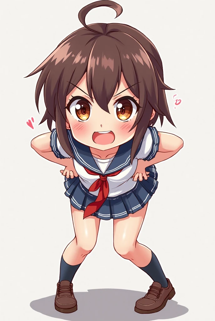 Beautiful anime girl sticks out her tongue eyes look up hands bent and holds in the air stands on her knees in a school uniform
