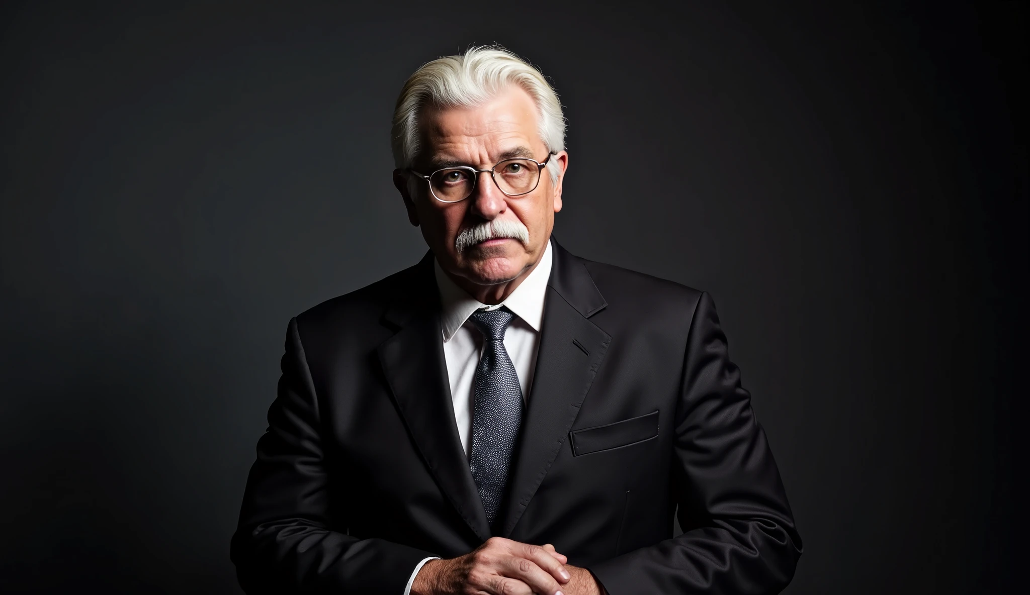 A mysterious presenter, just over 65 years old, white hair, white mustache, glasses, wearing a classic dark suit and tie, clean-shaven and with his hair parted to the side, in a minimalist, shadowy studio with dramatic lighting, inspired by the noir TV shows of the 1960s. Charismatic, serious expression, hands clasped.